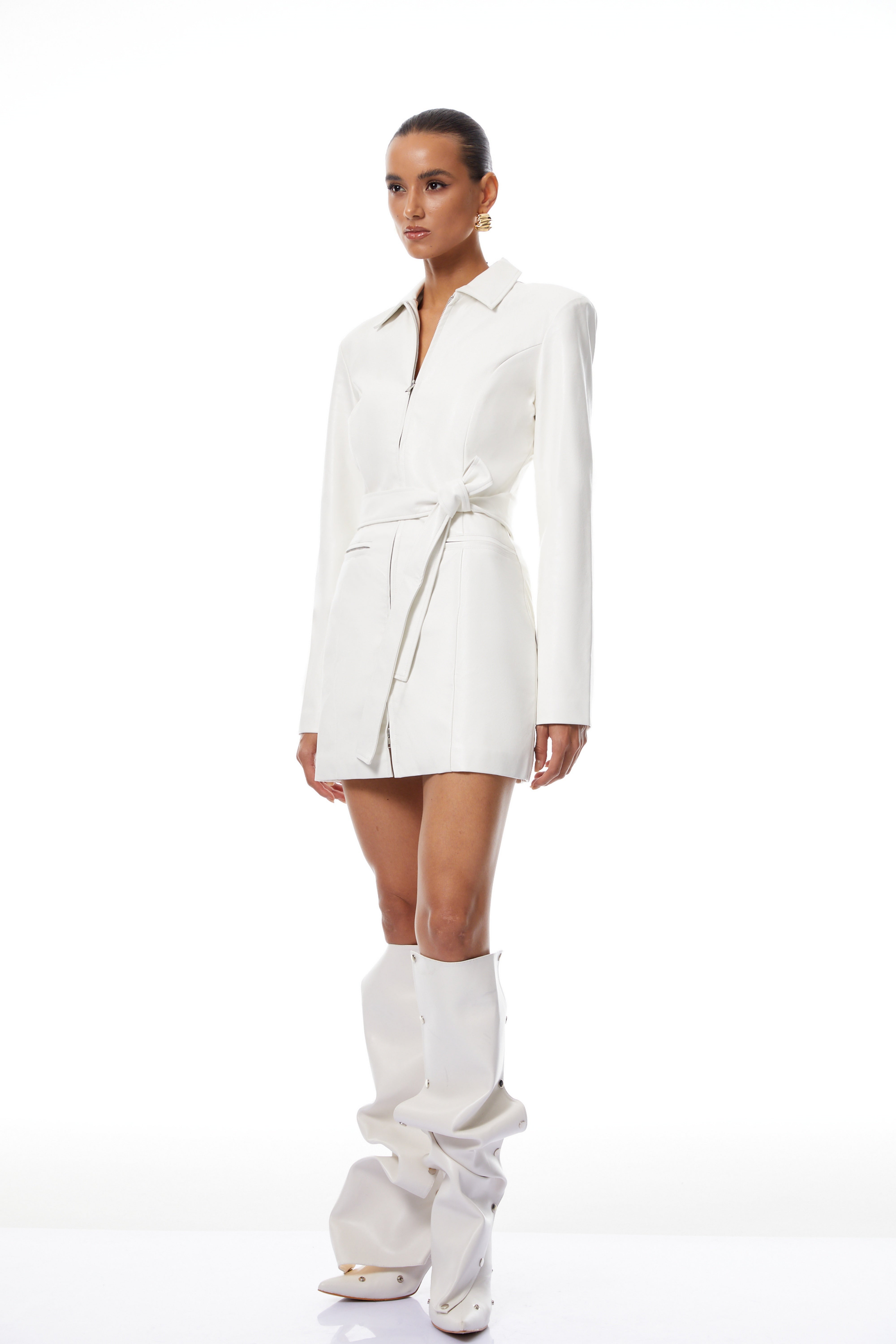 Elisabetta White Tied Waist Leather Mini Dress