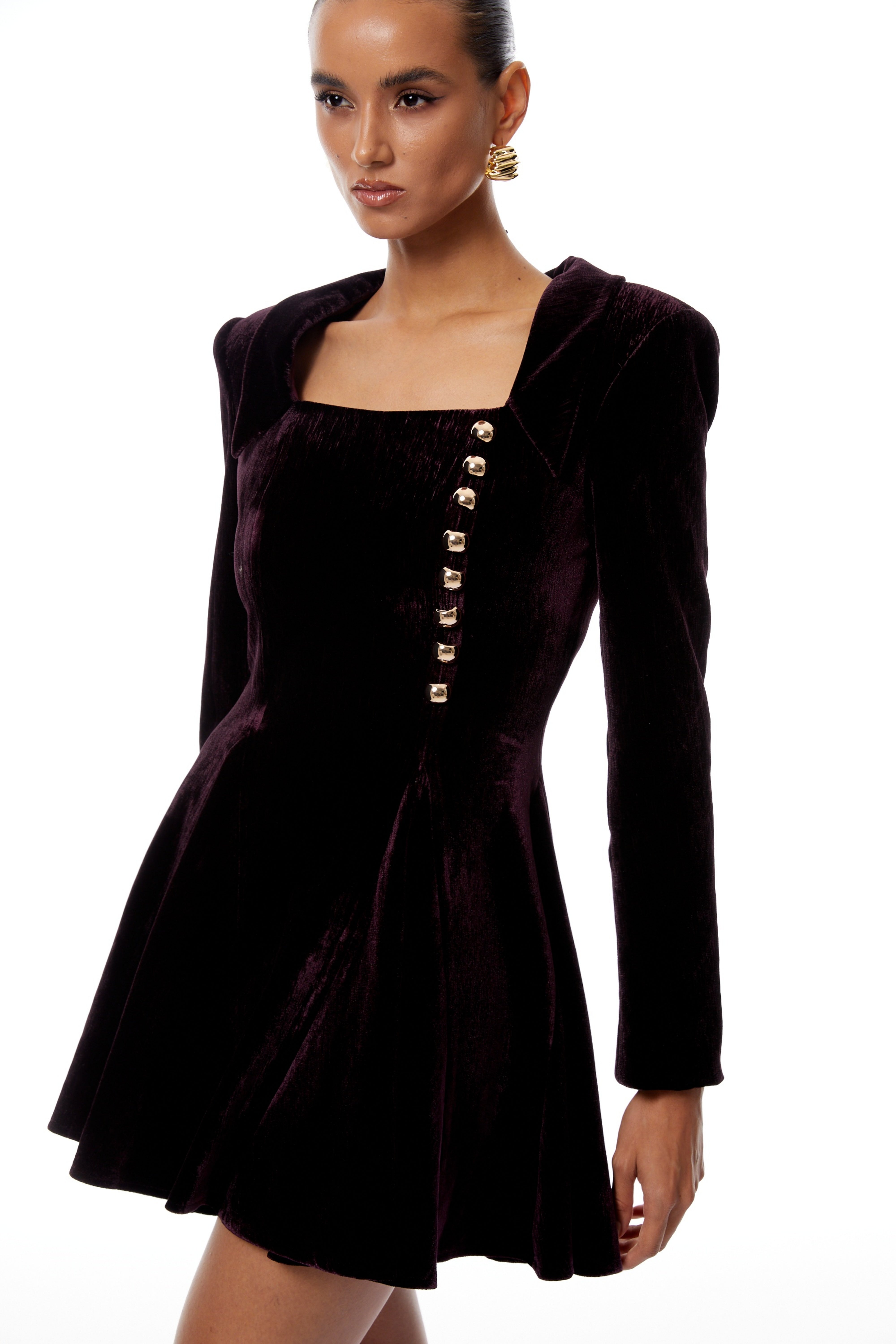 Benedetta Auberginefarbenes Samt-Minikleid mit eckigem Ausschnitt