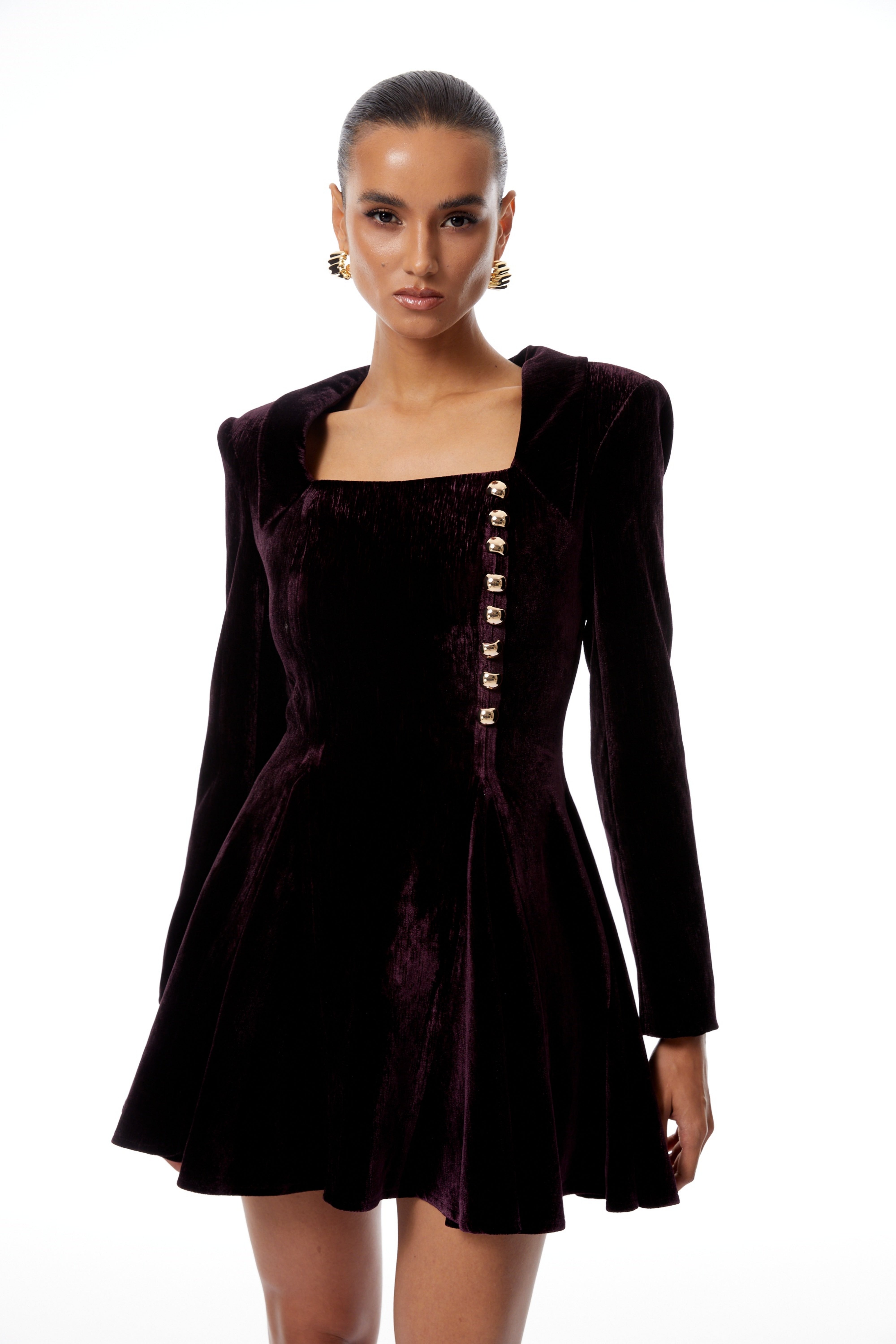 Benedetta Auberginefarbenes Samt-Minikleid mit eckigem Ausschnitt