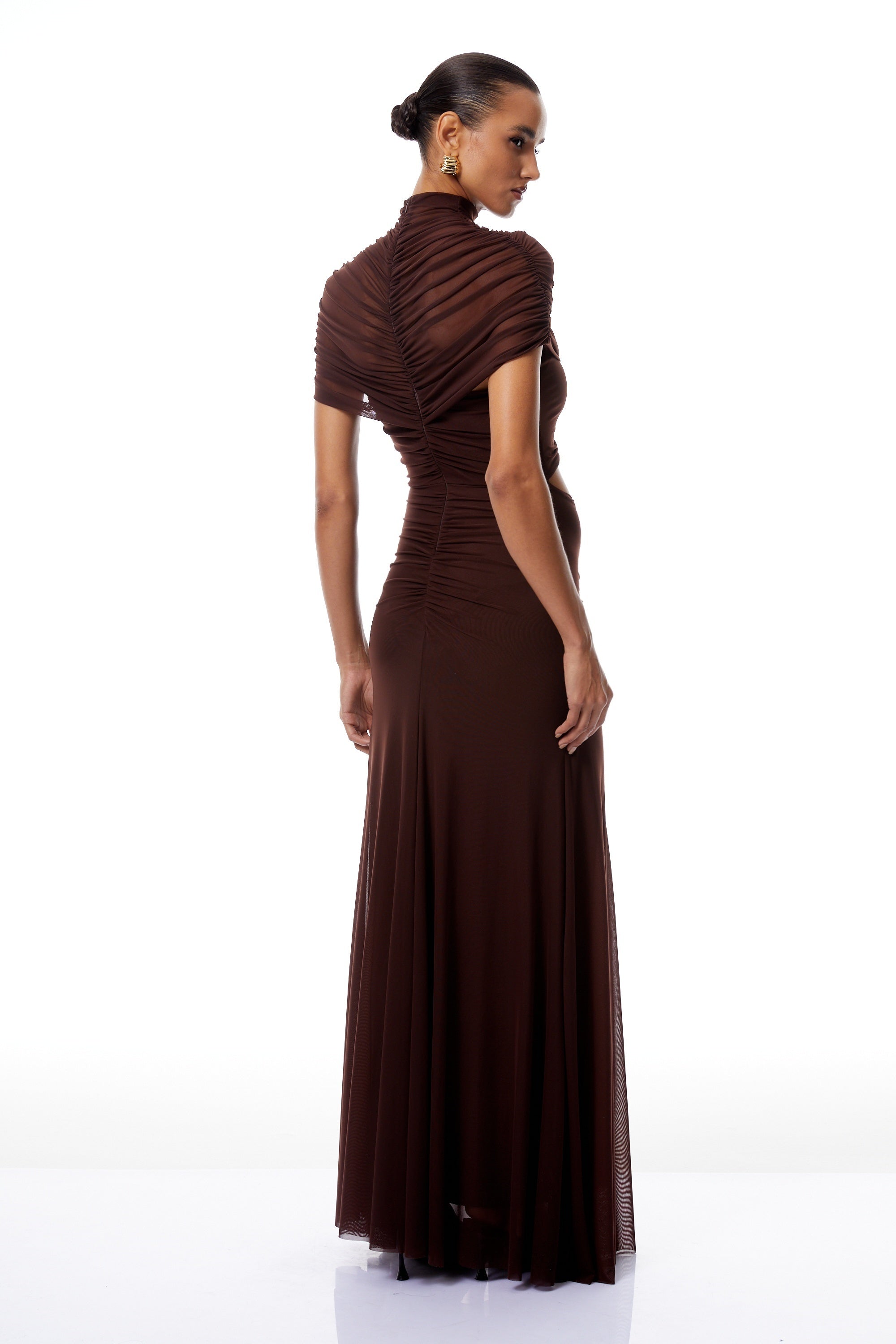 Bruna Cut-Out Ruched Mesh Maxi Dress