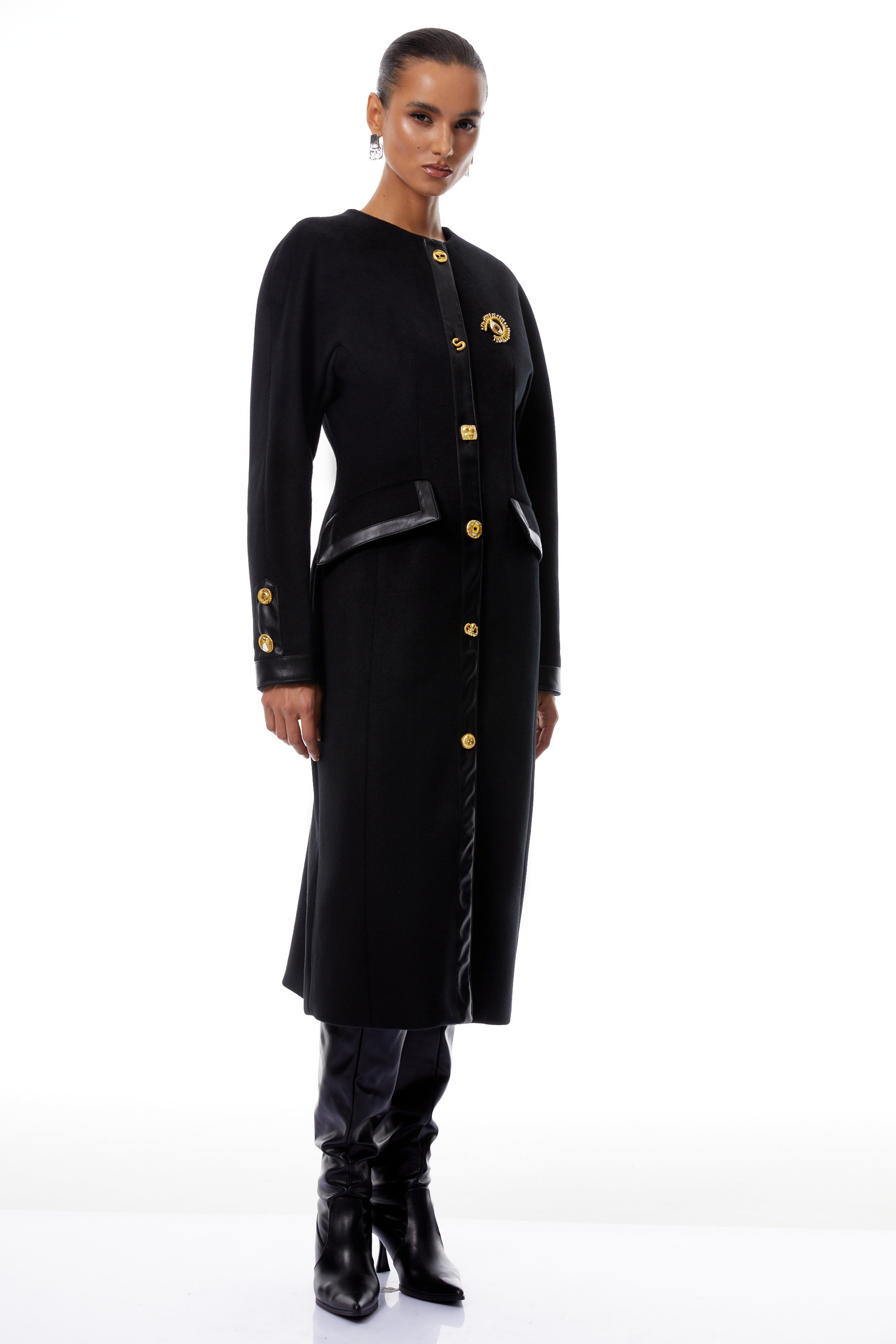 Stefania Schwarzer Tweed-Mantel mit Zierknöpfen