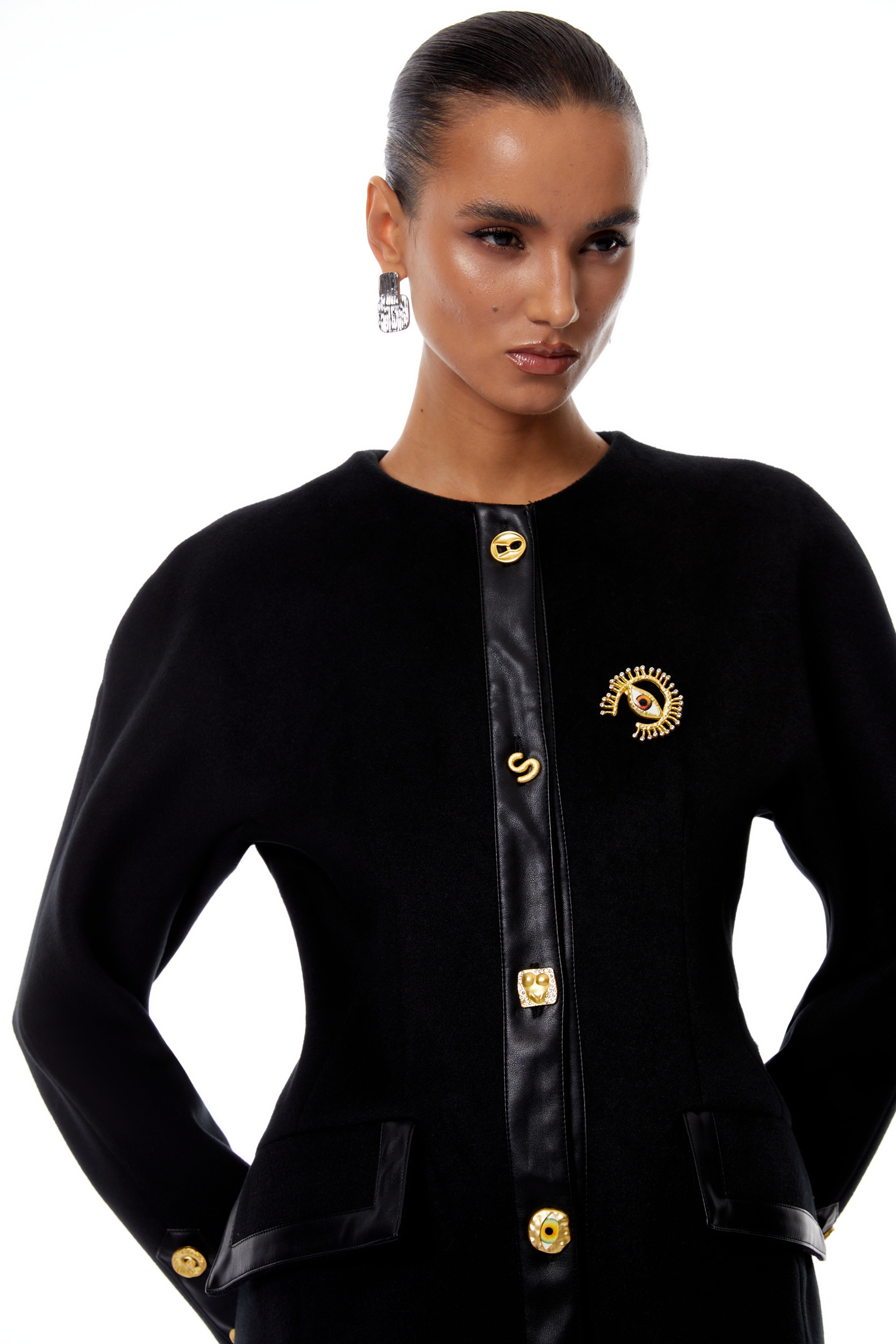 Stefania Schwarzer Tweed-Mantel mit Zierknöpfen