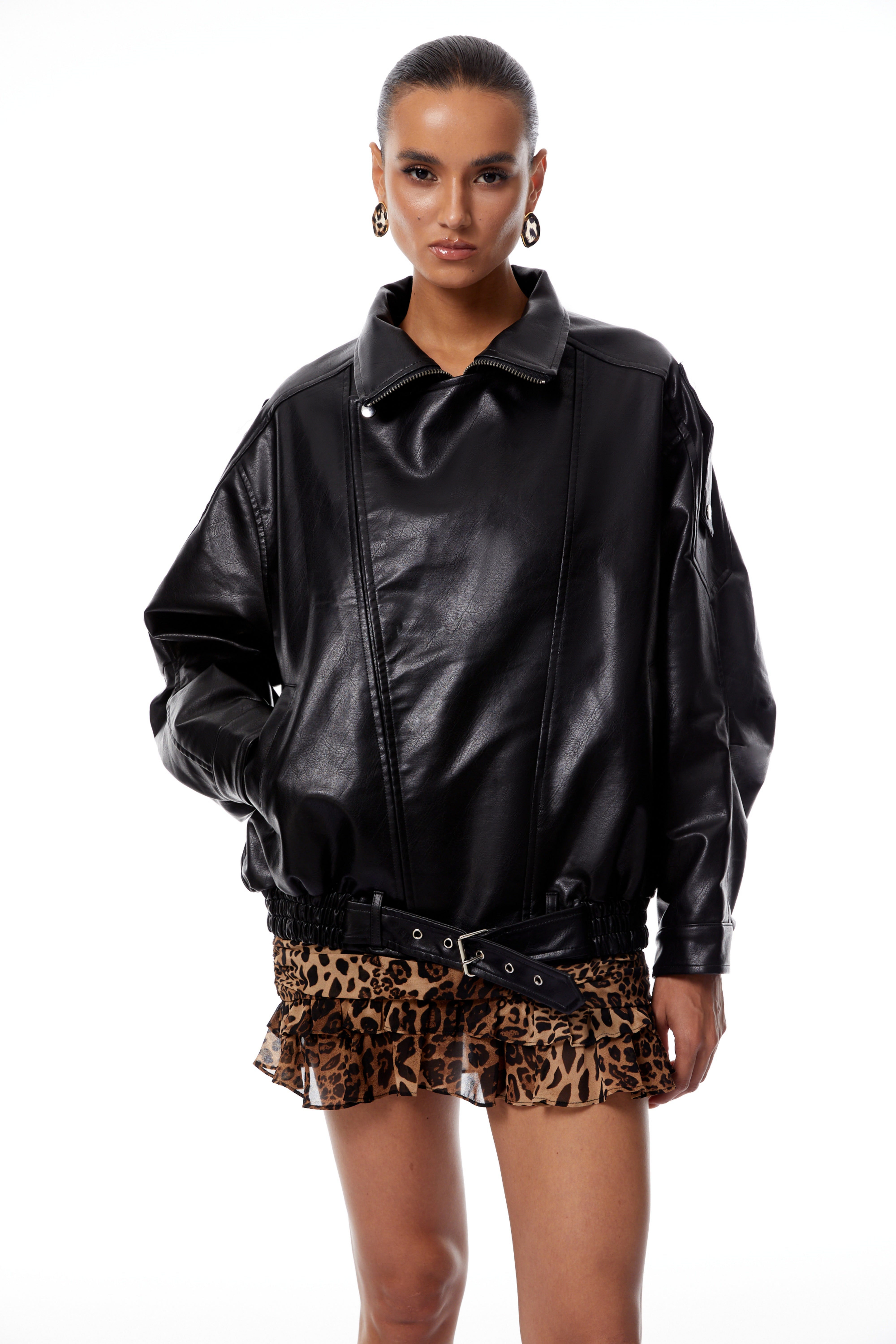 Antonella Schwarze Lederjacke mit Gürtel