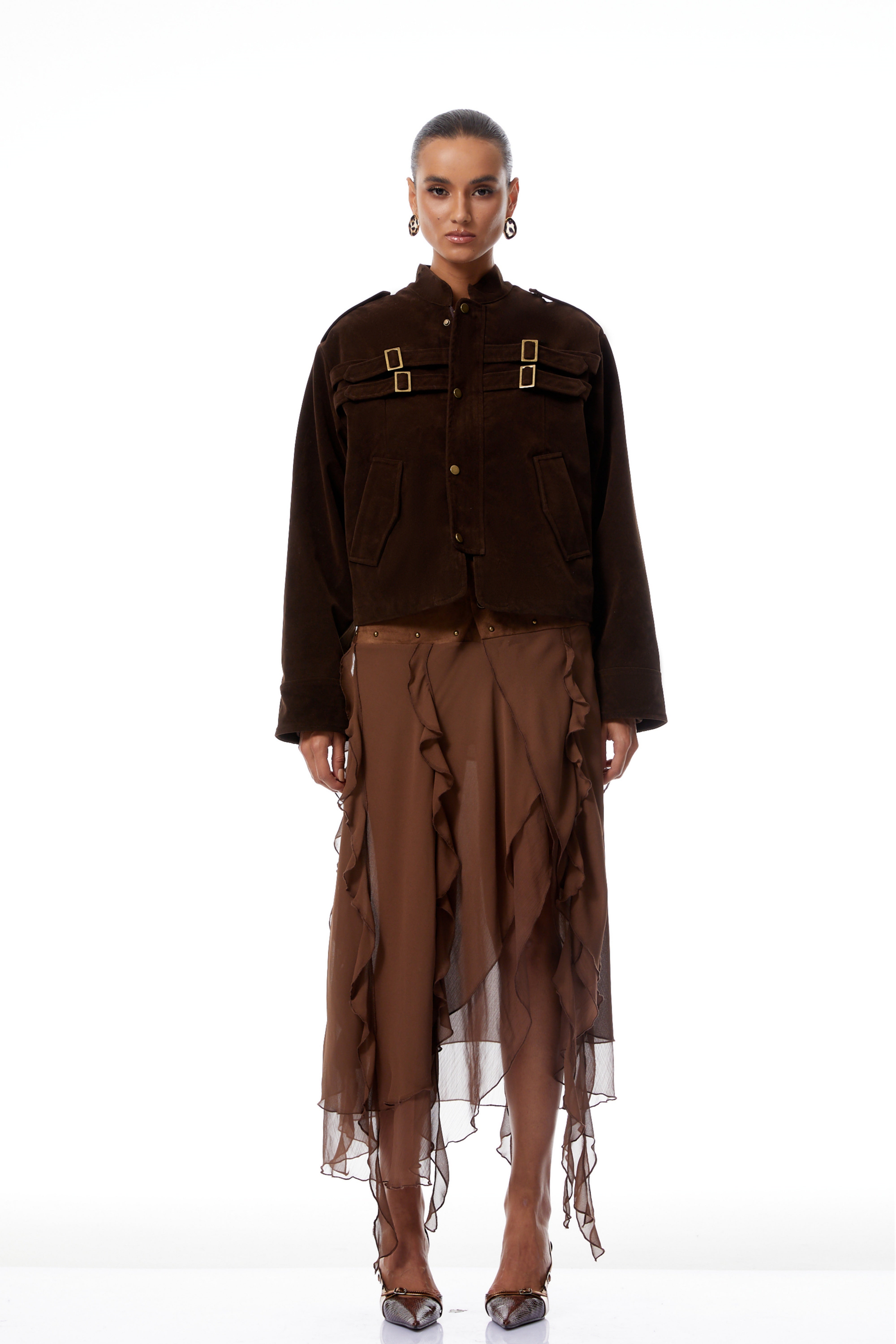 جاكيت مادلين بني من جلد الغزال مع مشبك