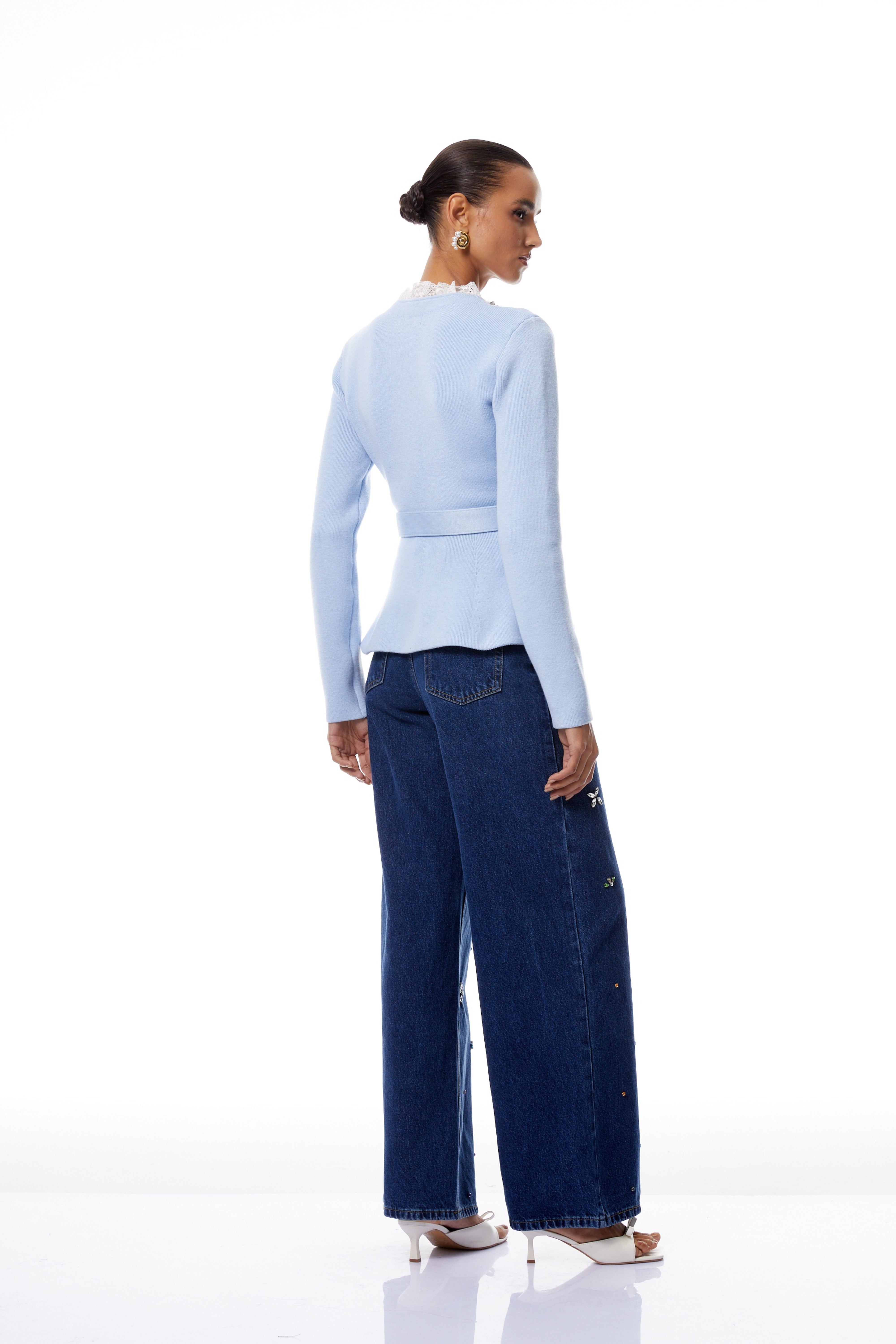 Irina Blue Embellished Ruffled Ribbed Knit Cardigan