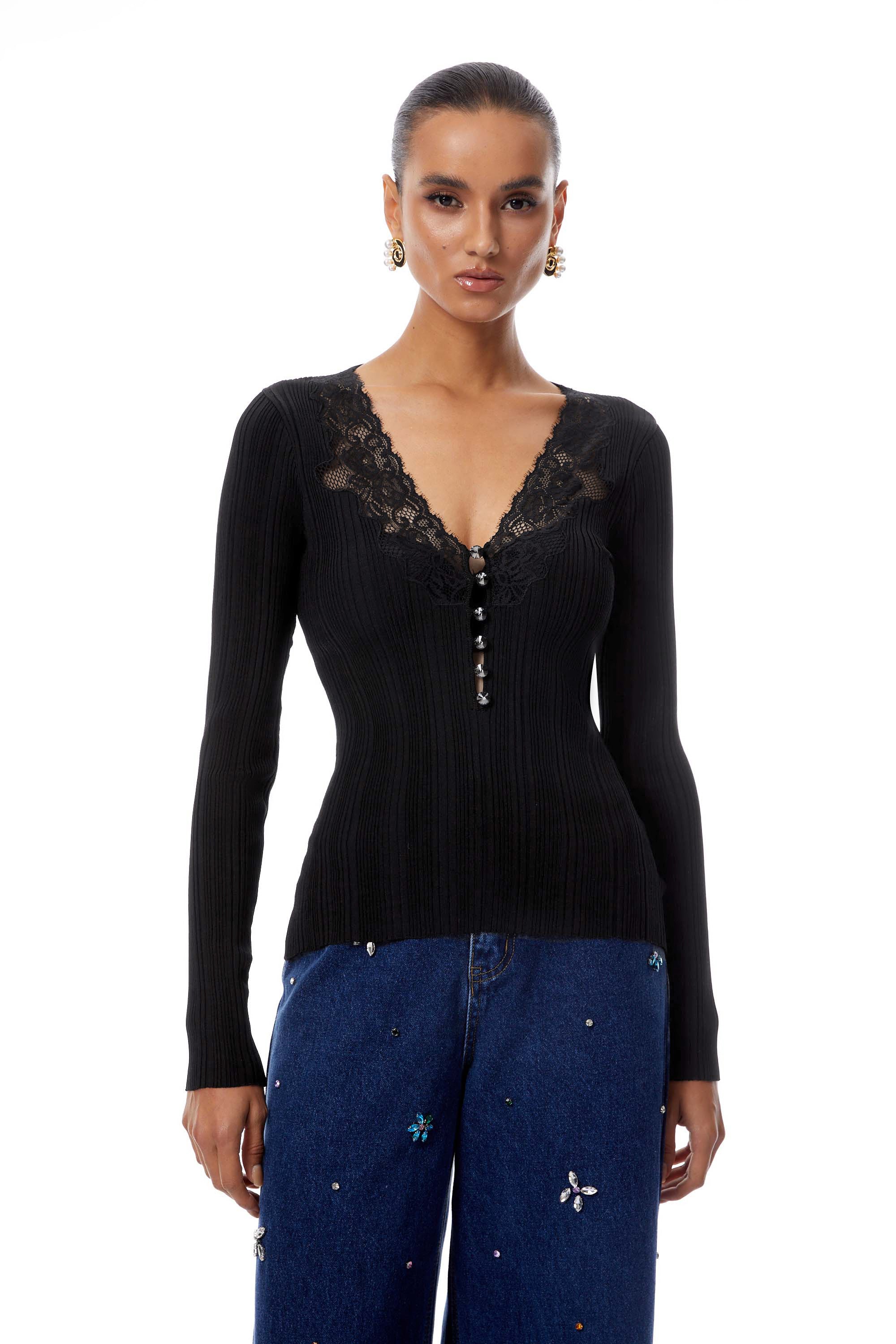 Veronika Black Lace Panel Ribbed Knit Blouse