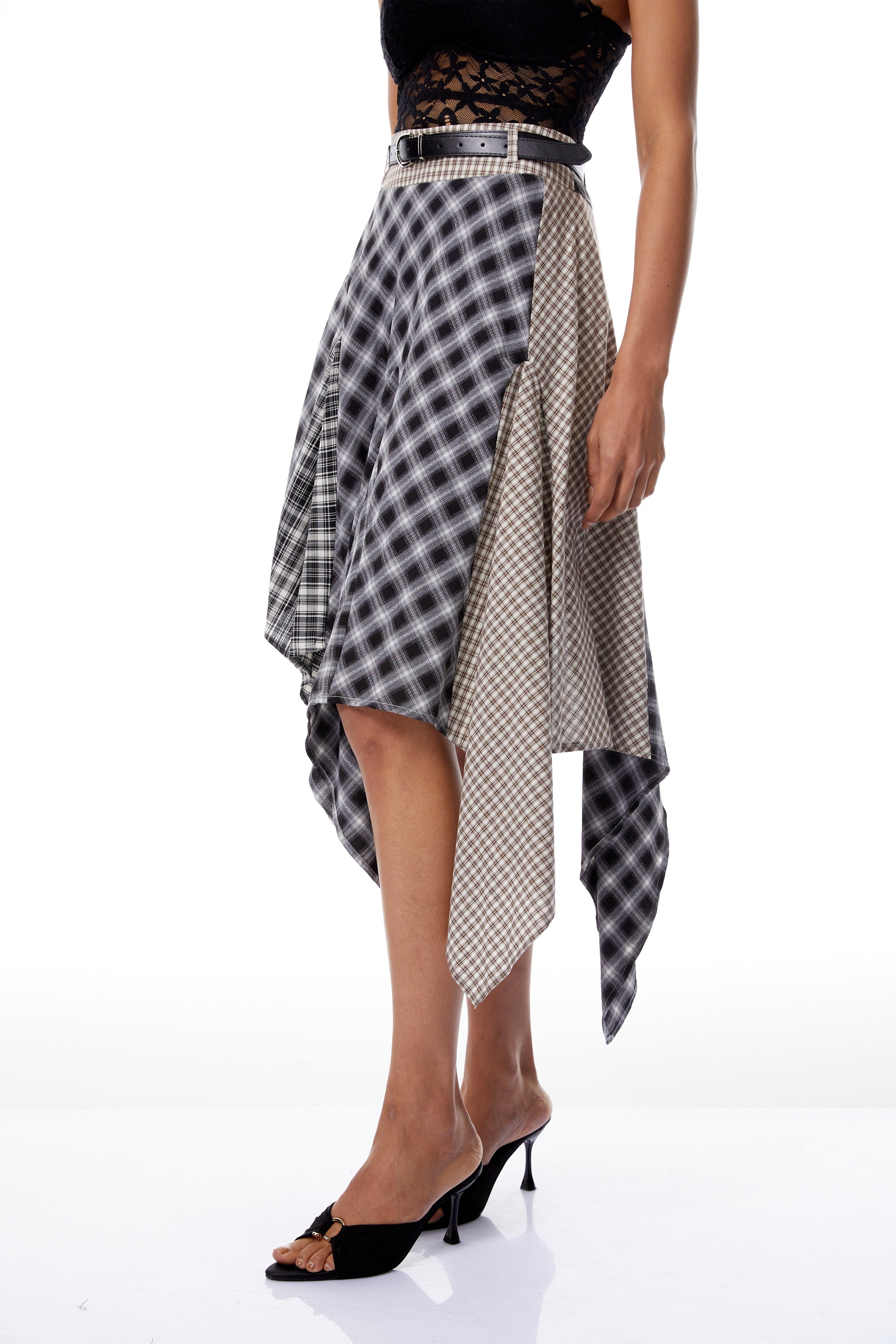 Laia Black Asymmetrical Checked Patchwork Midi Skirt