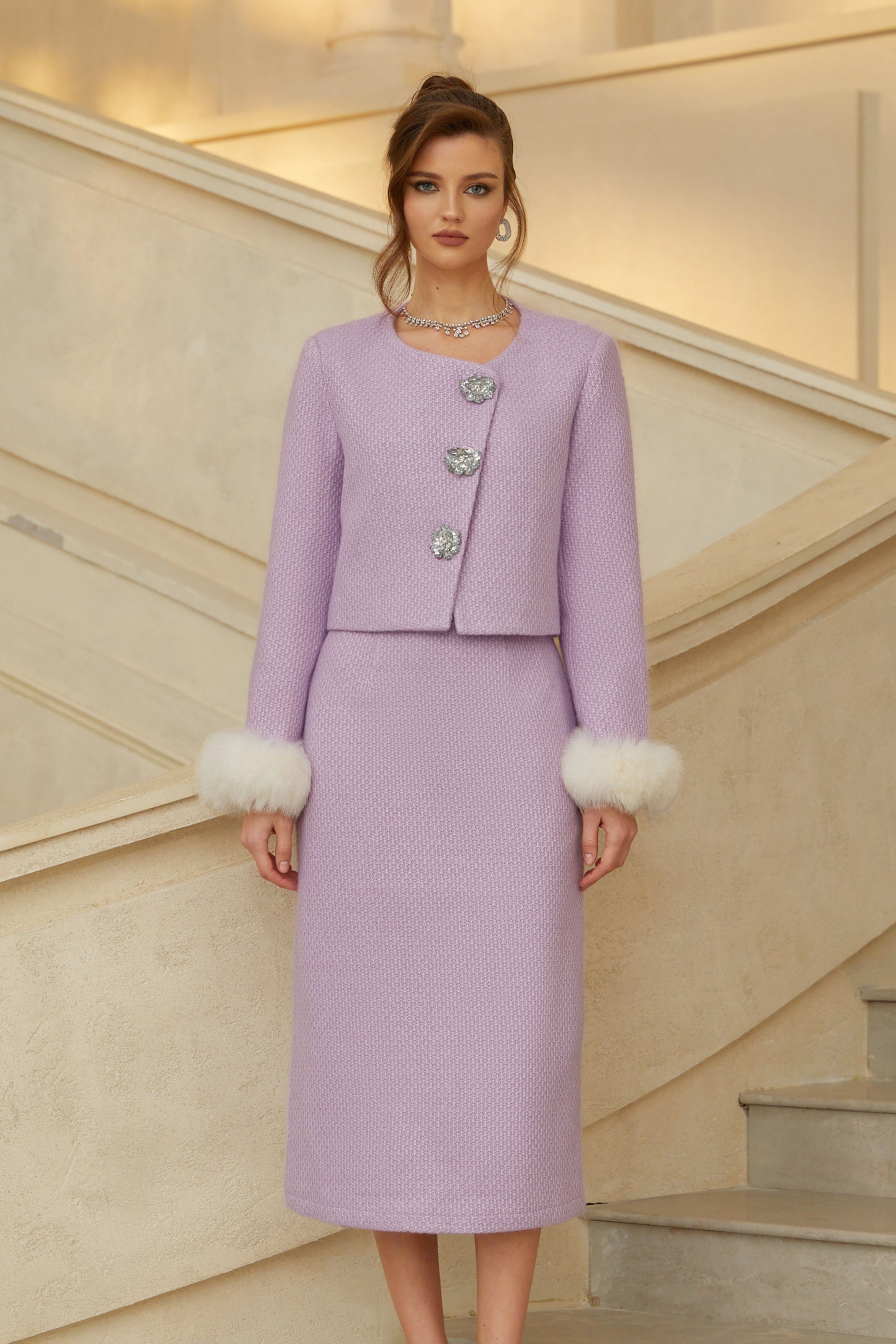 Dolly Purple Fur Trim Tweed Jacket & Skirt  Set