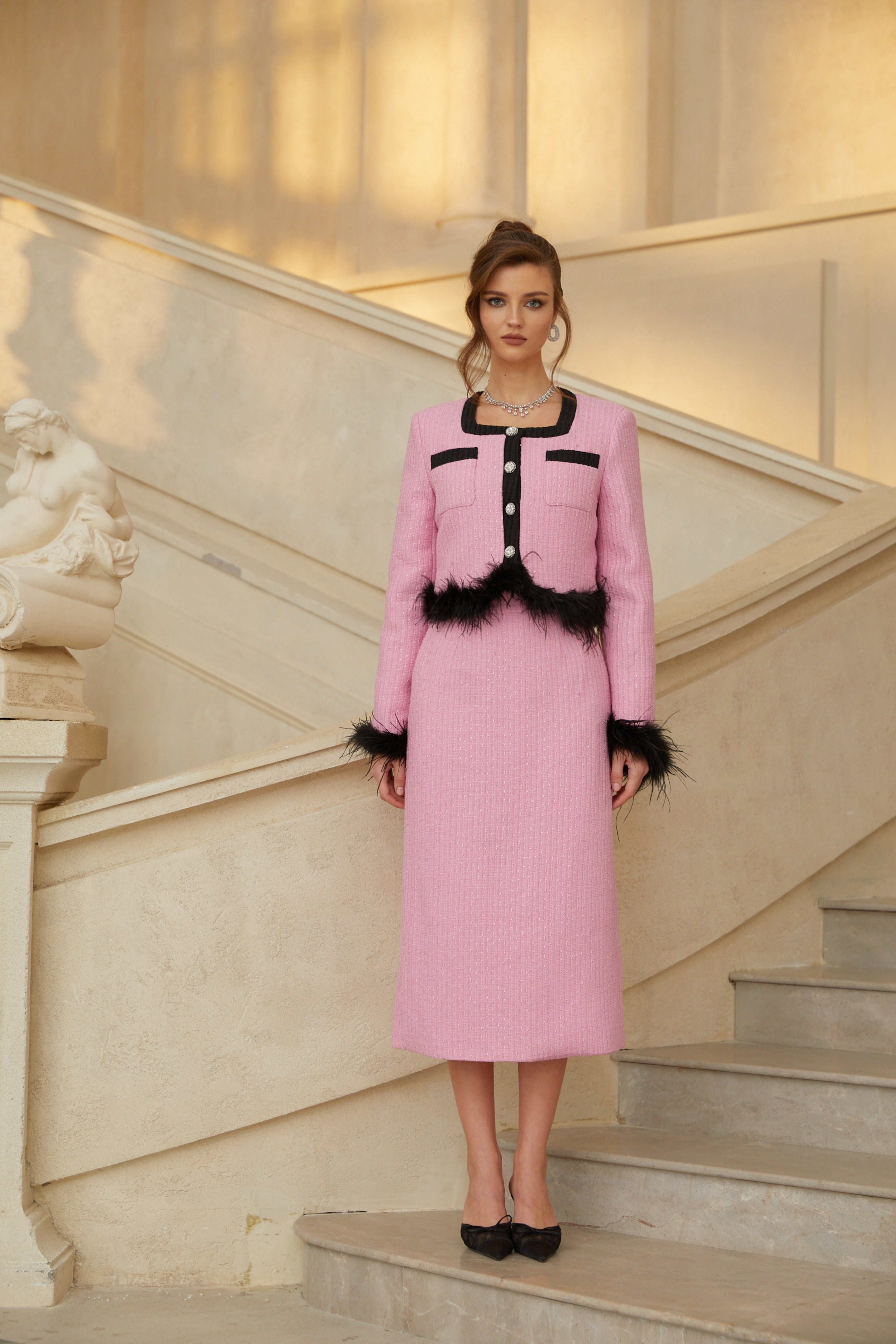 Dixie Pink Feather Trim Tweed Jacket & Skirt Set