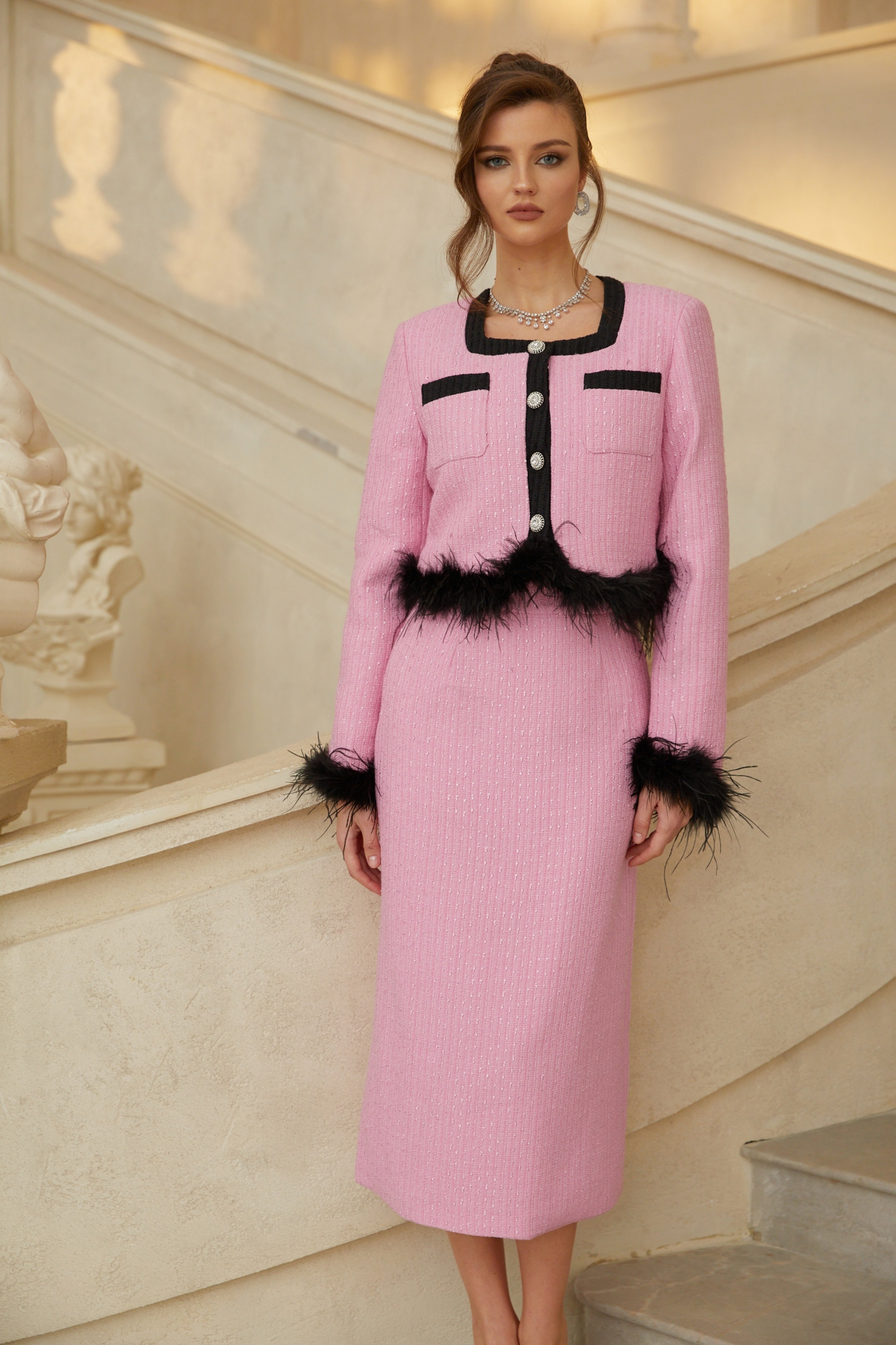 Dixie Pink Feather Trim Tweed Jacket & Skirt Set