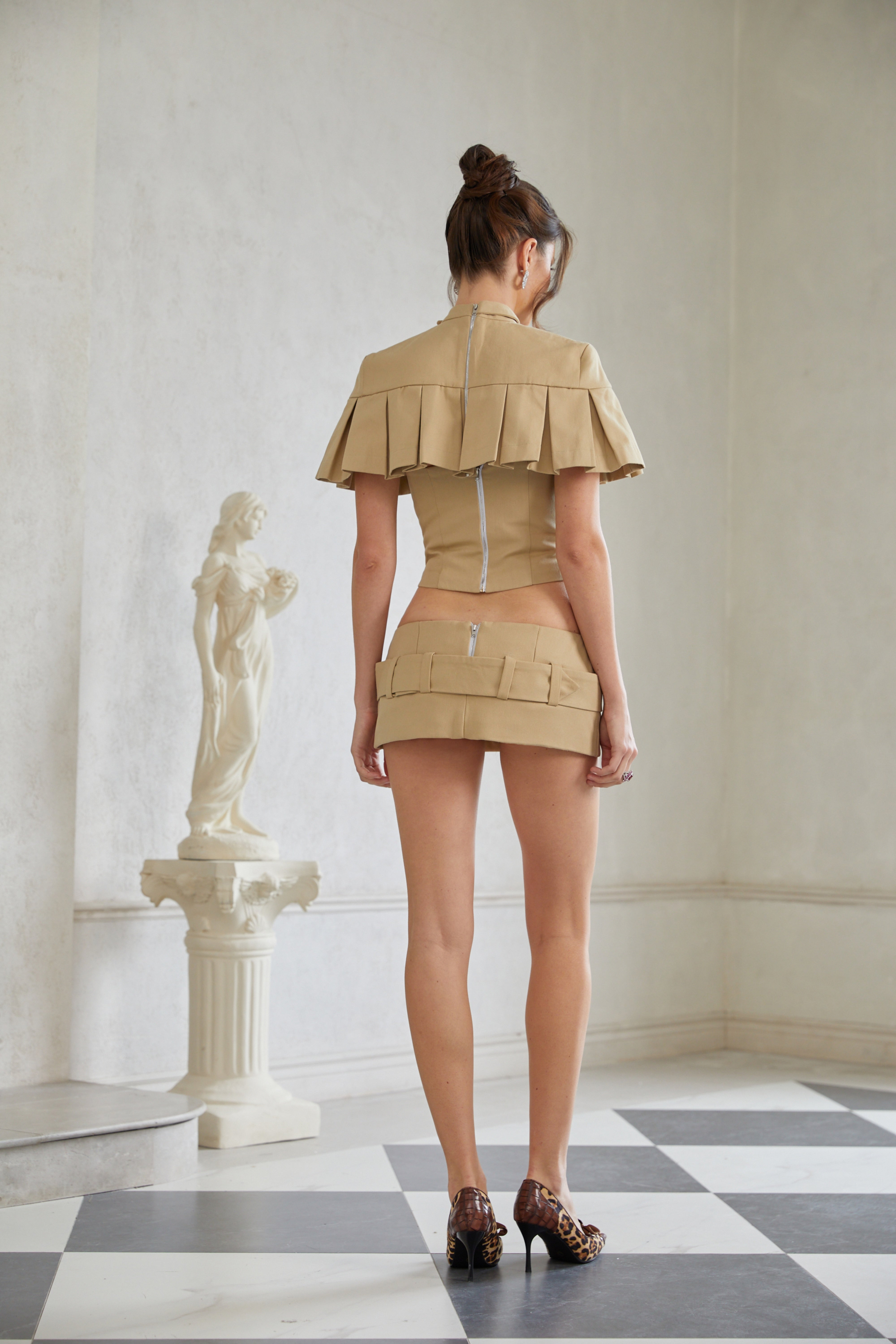 Antonella Khaki Pleated Cape Top & Pencil Skirt Set (Final Sale)