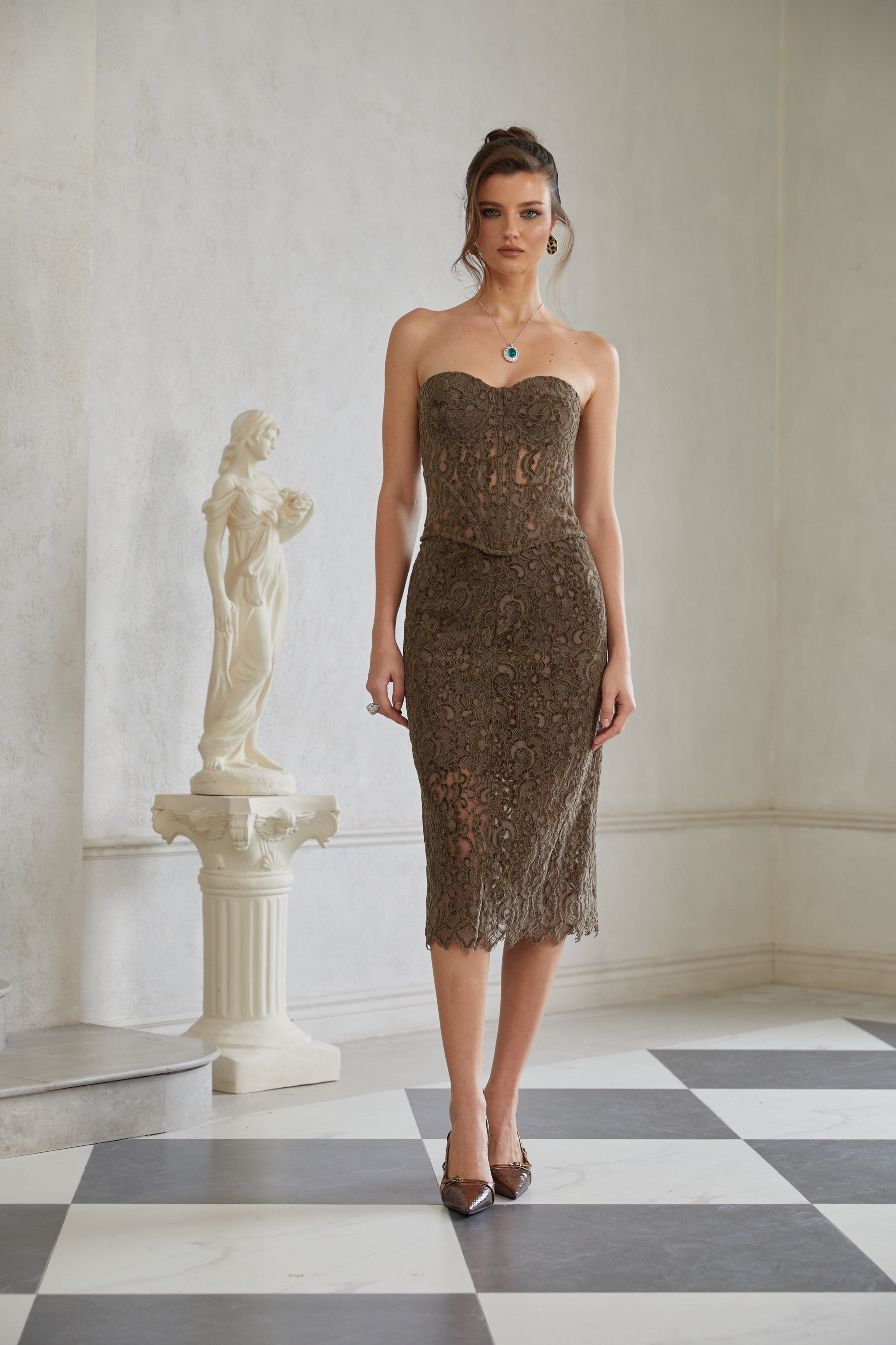 Gioia Dark Green Chenille Lace Top & Skirt Set