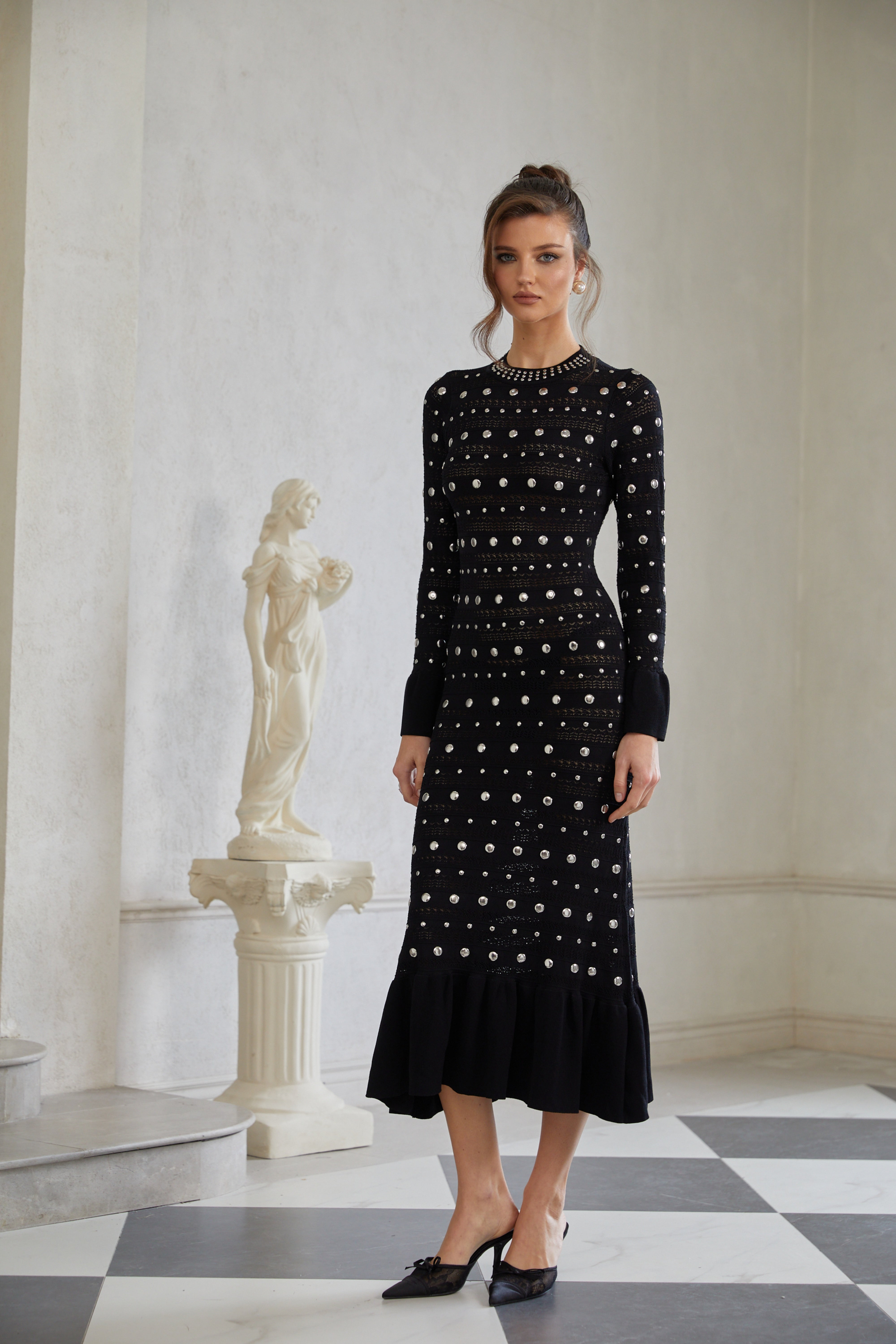 Chloé Black Long Sleeve Studded Crochet Knit Midi dress