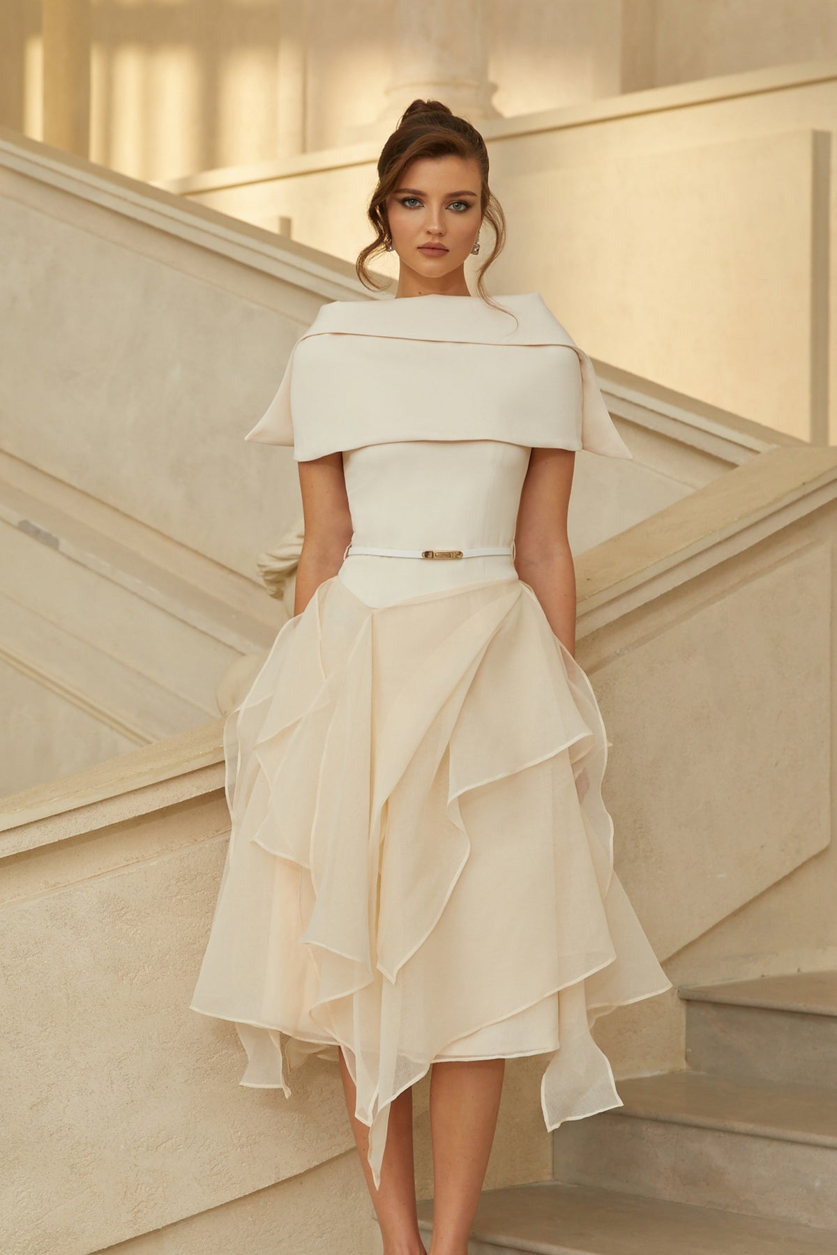 white ruffle asymmetrical dress Aria White Asymmetrical Shawl & Tulle Panel Dress Set