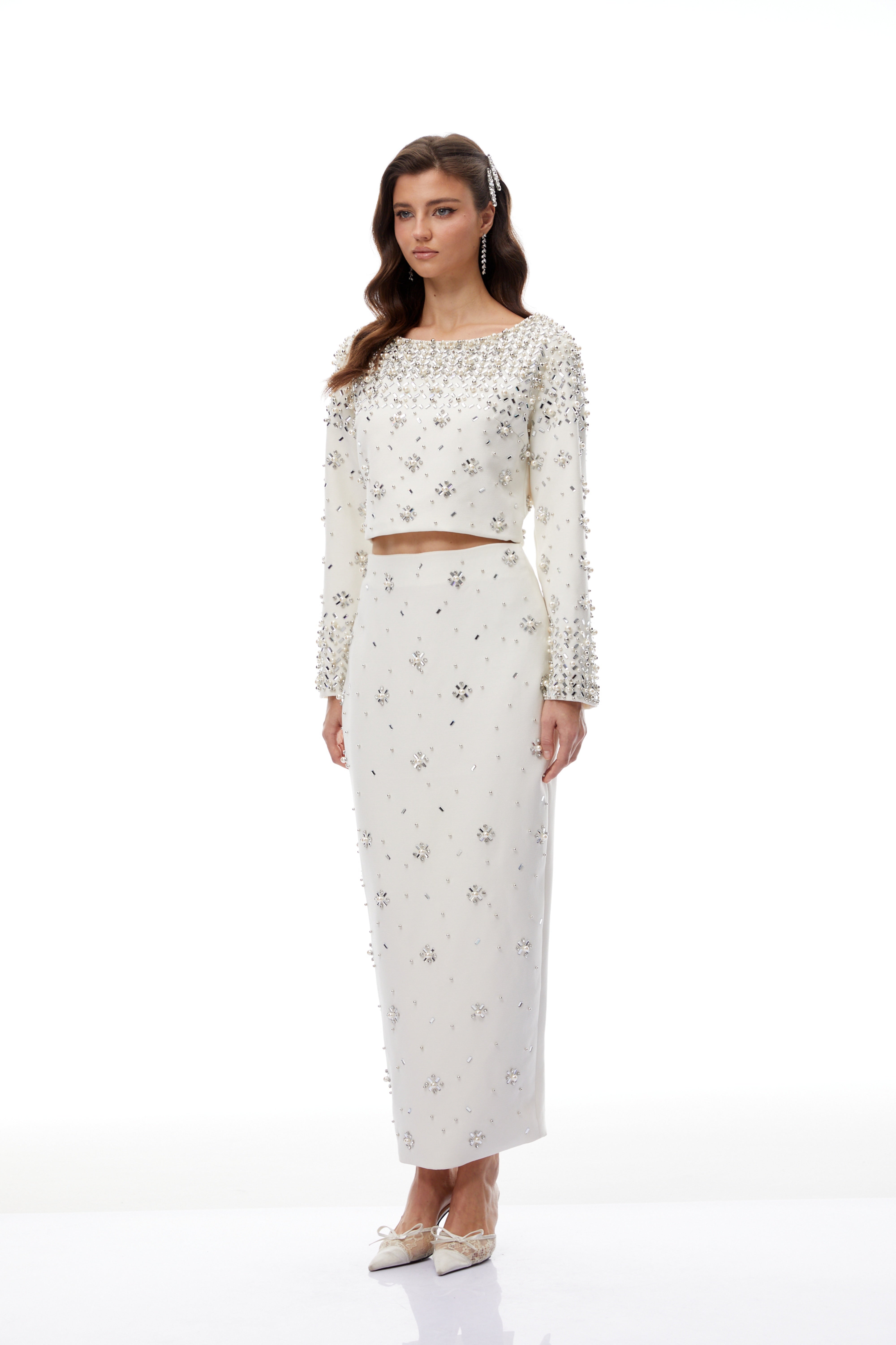 Denise White Fully Embellished Blouse & Skirt Set