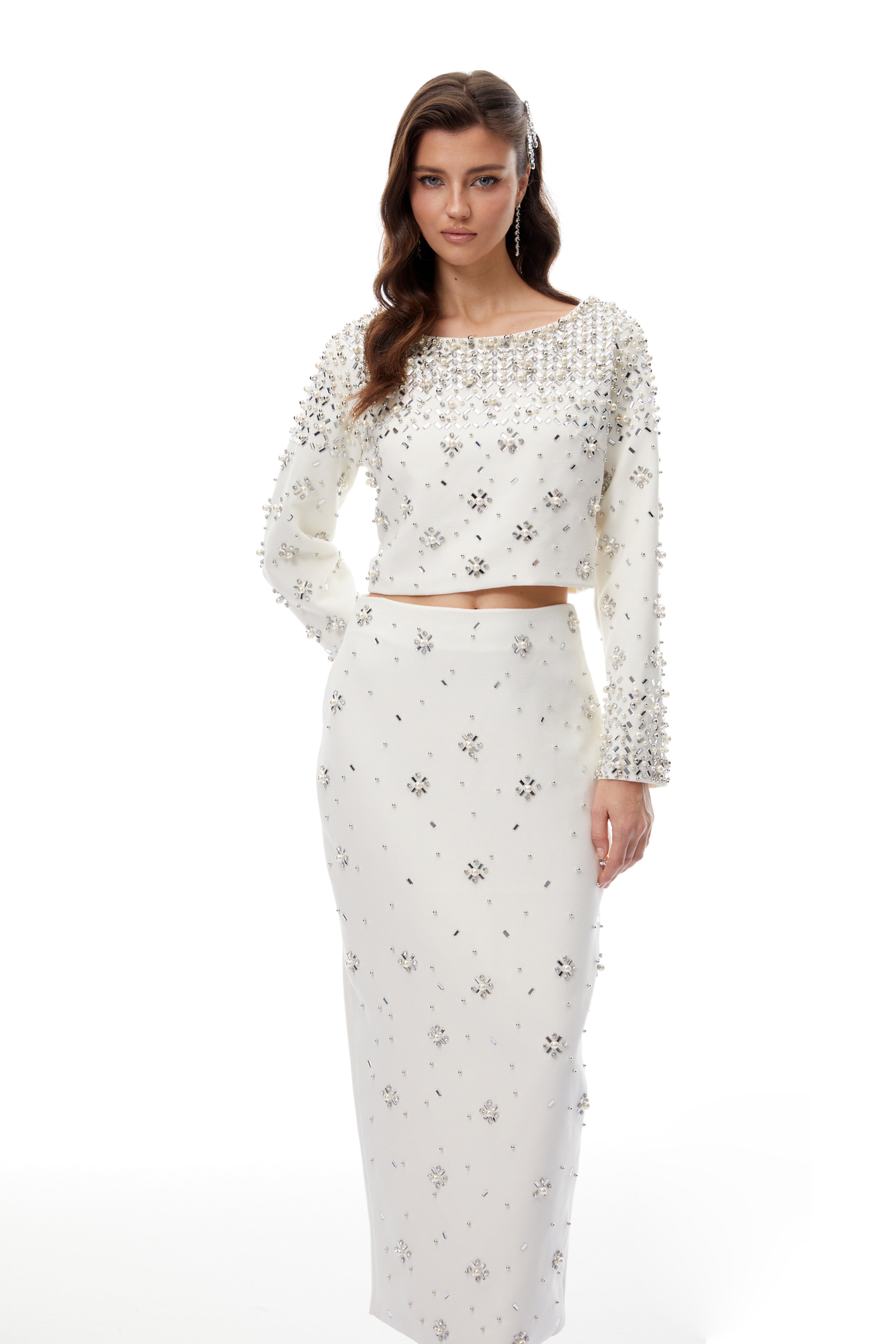 Denise White Fully Embellished Blouse & Skirt Set