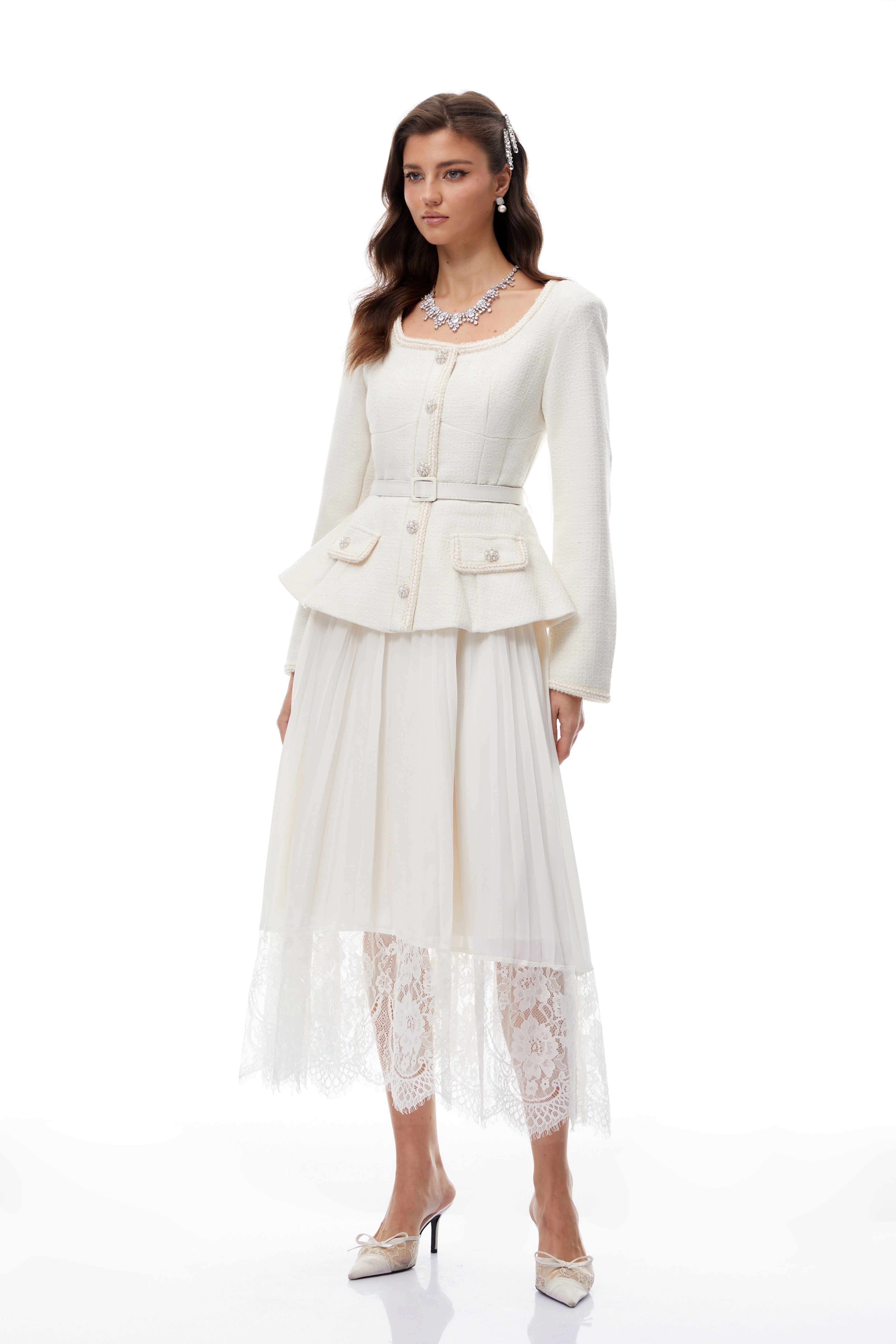 Iver Weißes Tweed-Midikleid mit Spitzeneinsatz