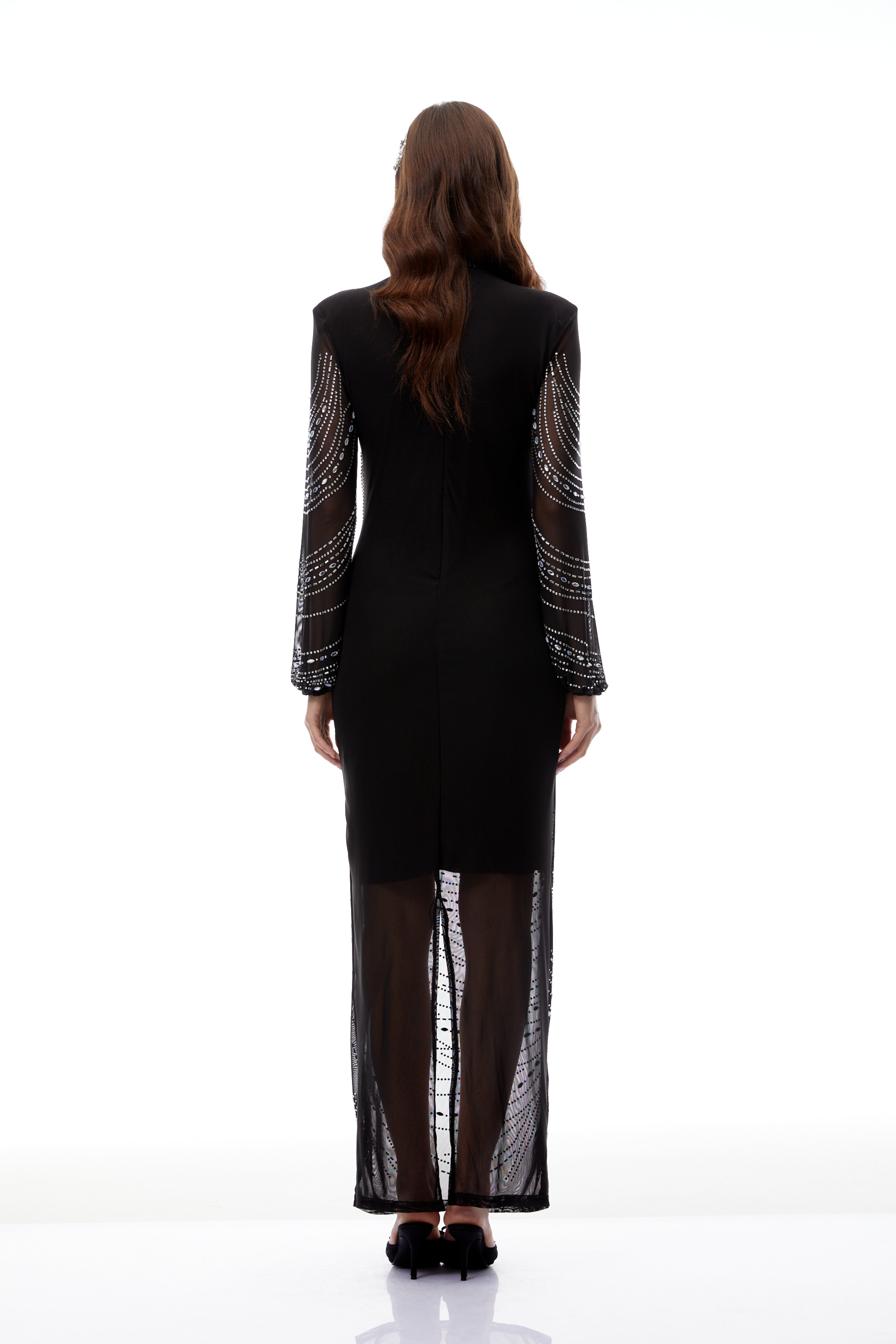 Ingrid Schwarzes, verziertes Maxikleid aus Fransen-Mesh