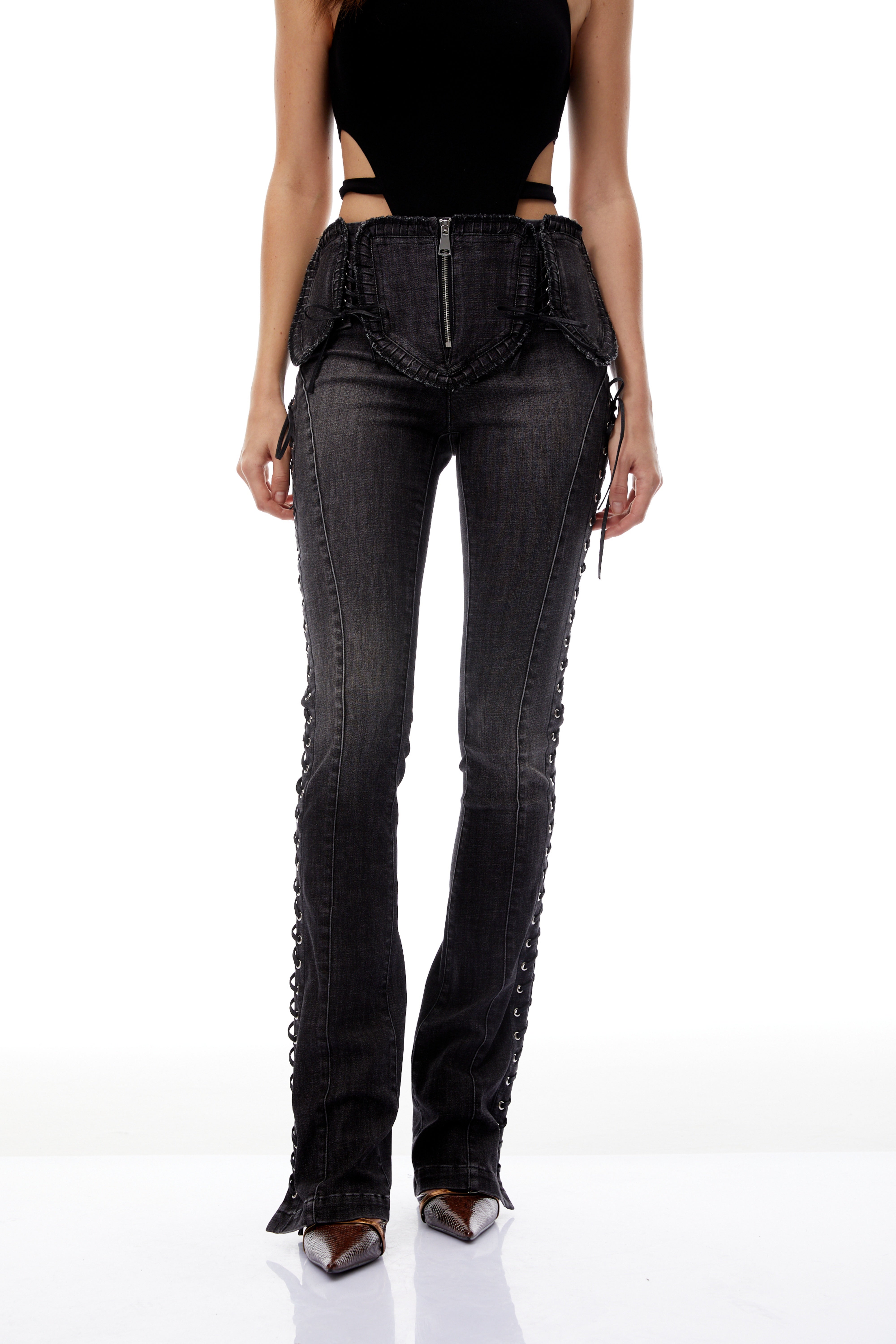 Vera Black Lace Up Flared Skinny Jeans