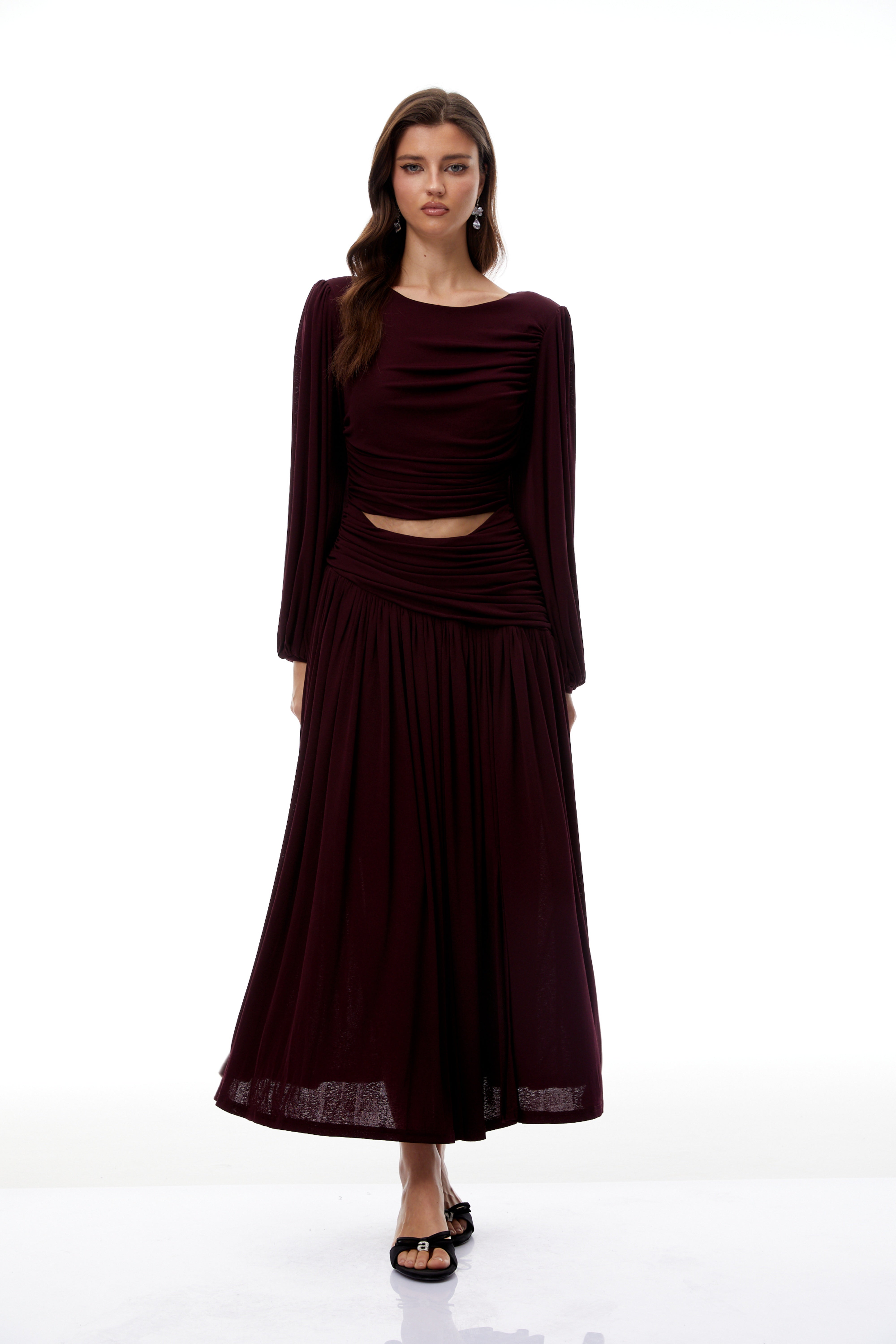 Fiorella Burgundy Cut Out Gathered Midi Dress