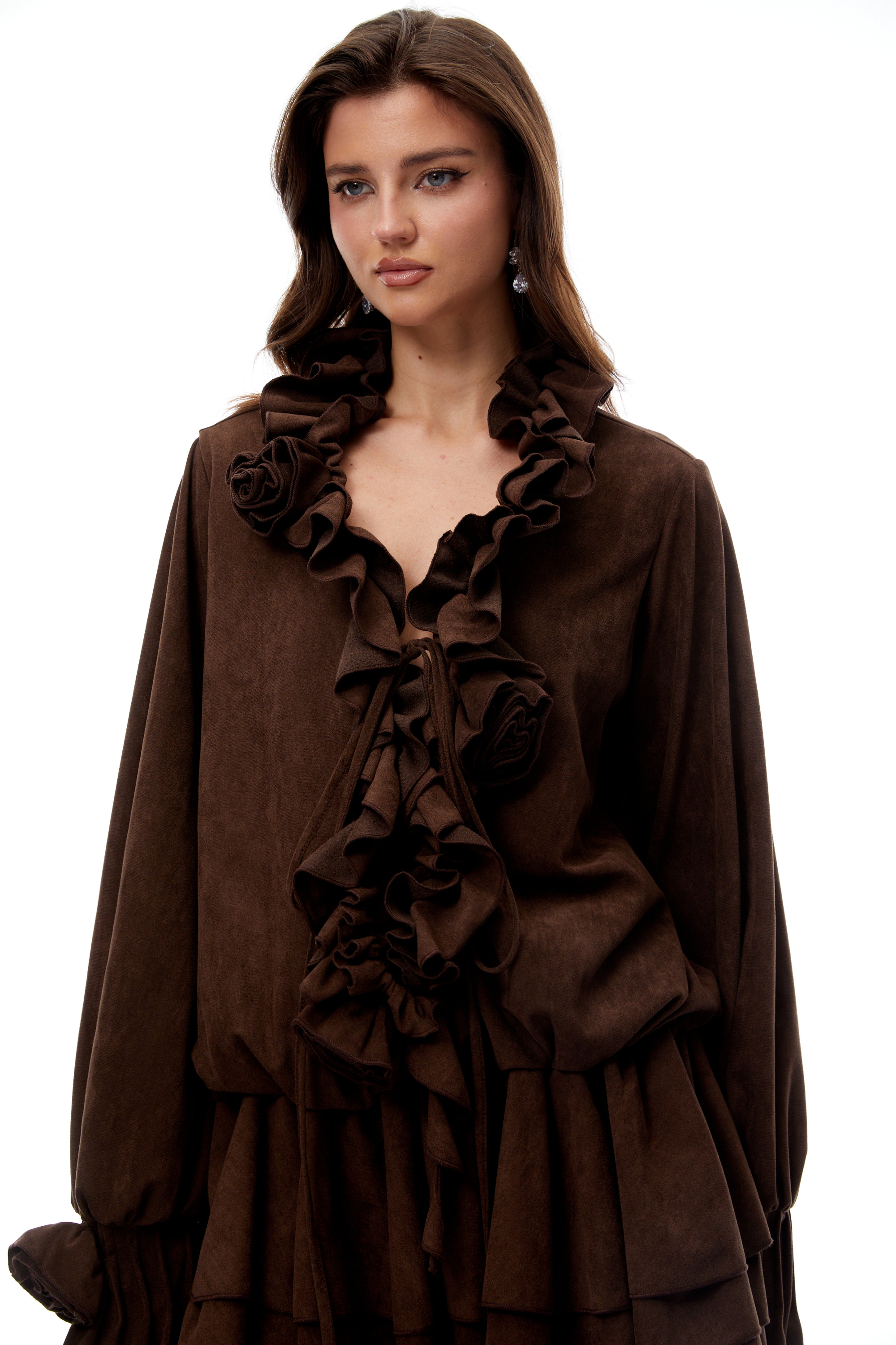 Zéphyrine Brown Floral Appliqué Tiered Suede Mini Dress