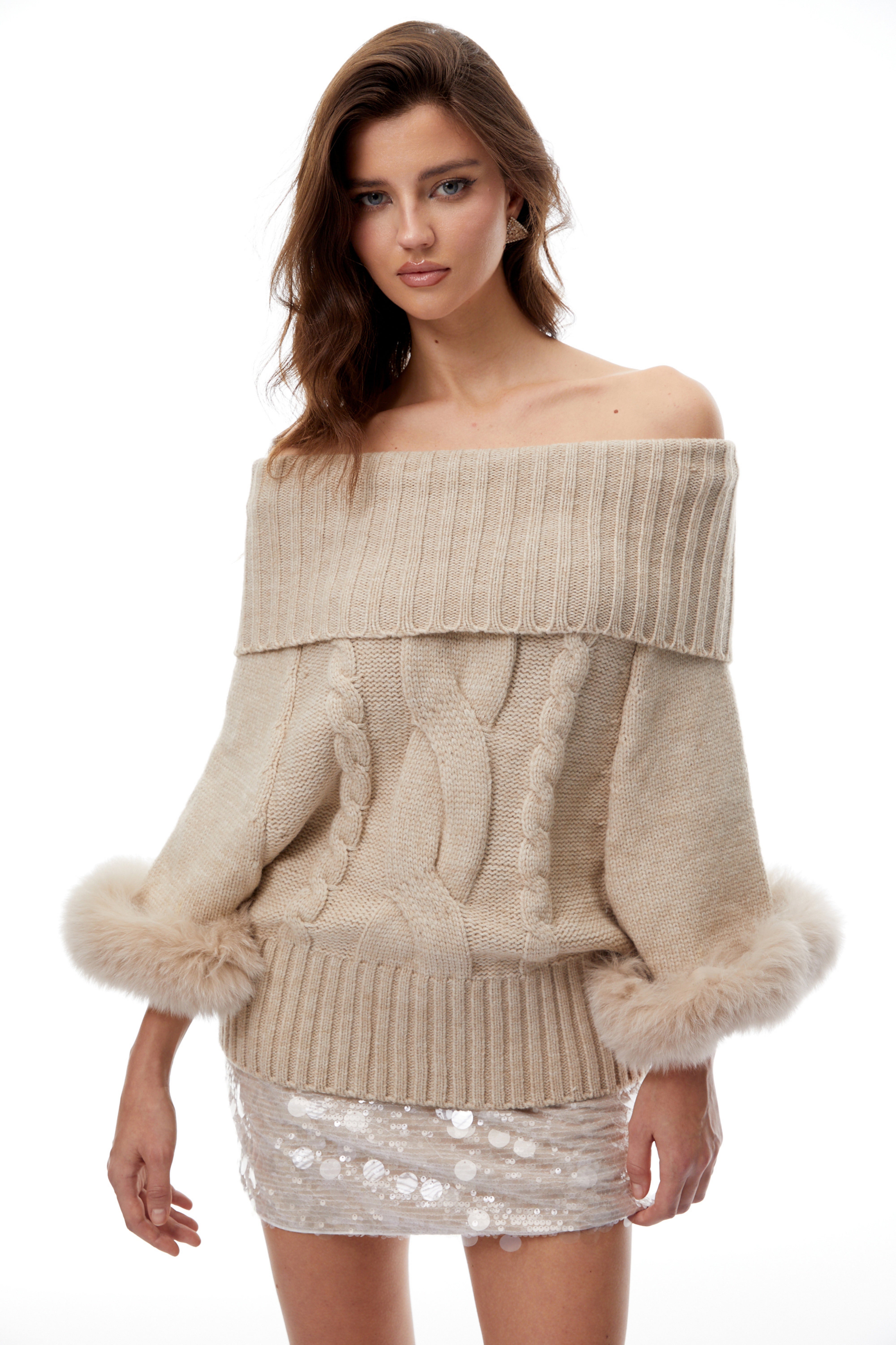 Layla Neutral Fur Trim Cable Knit Sweater