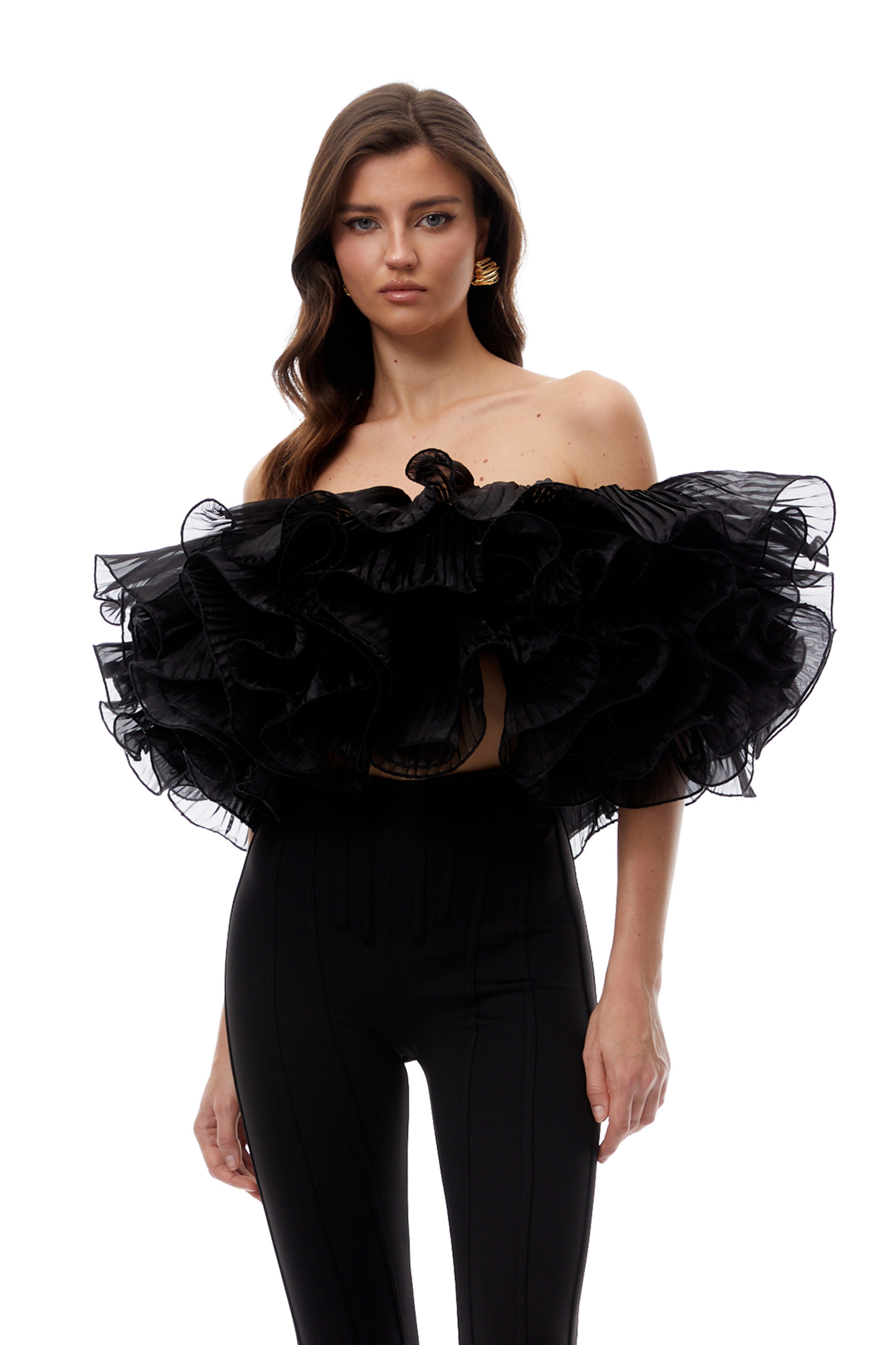 Inger Black Pleated Ruffled Organza Top