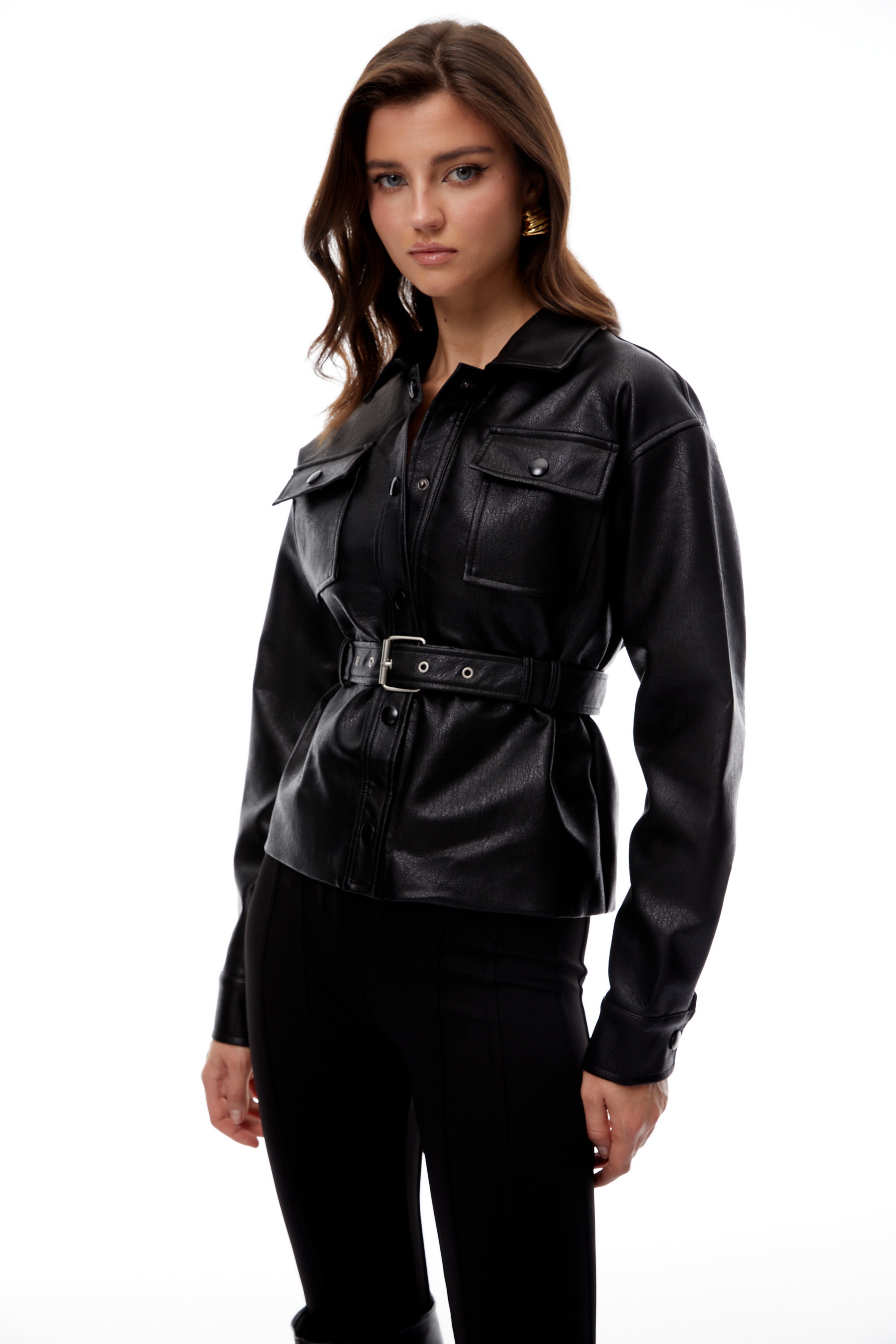 Leah Black Belted Pebbled Leather Jacket