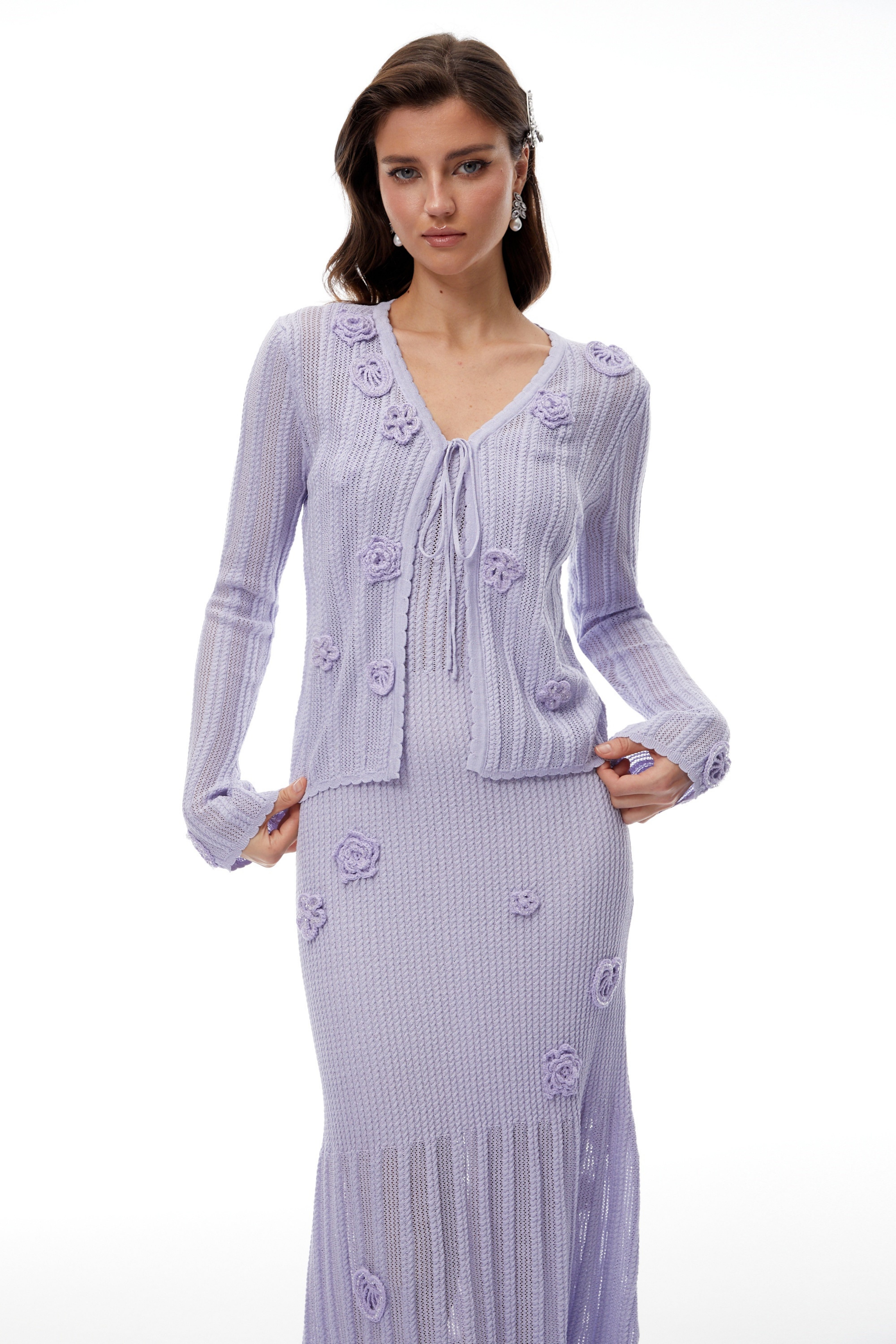 Graca Lavender Floral Ribbed Knit Cardigan & Dress Set