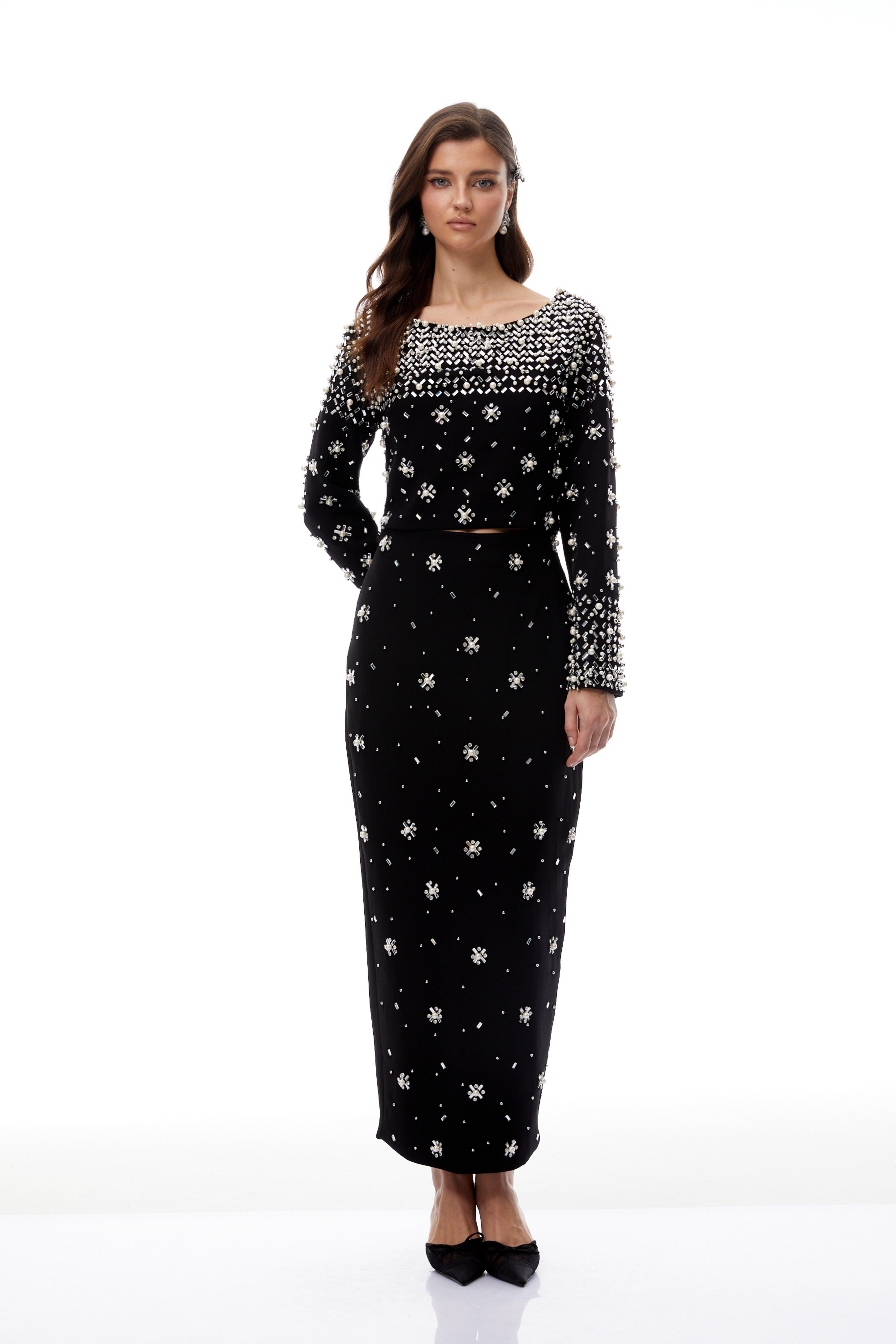 Denise Black Fully Embellished Blouse & Skirt Set