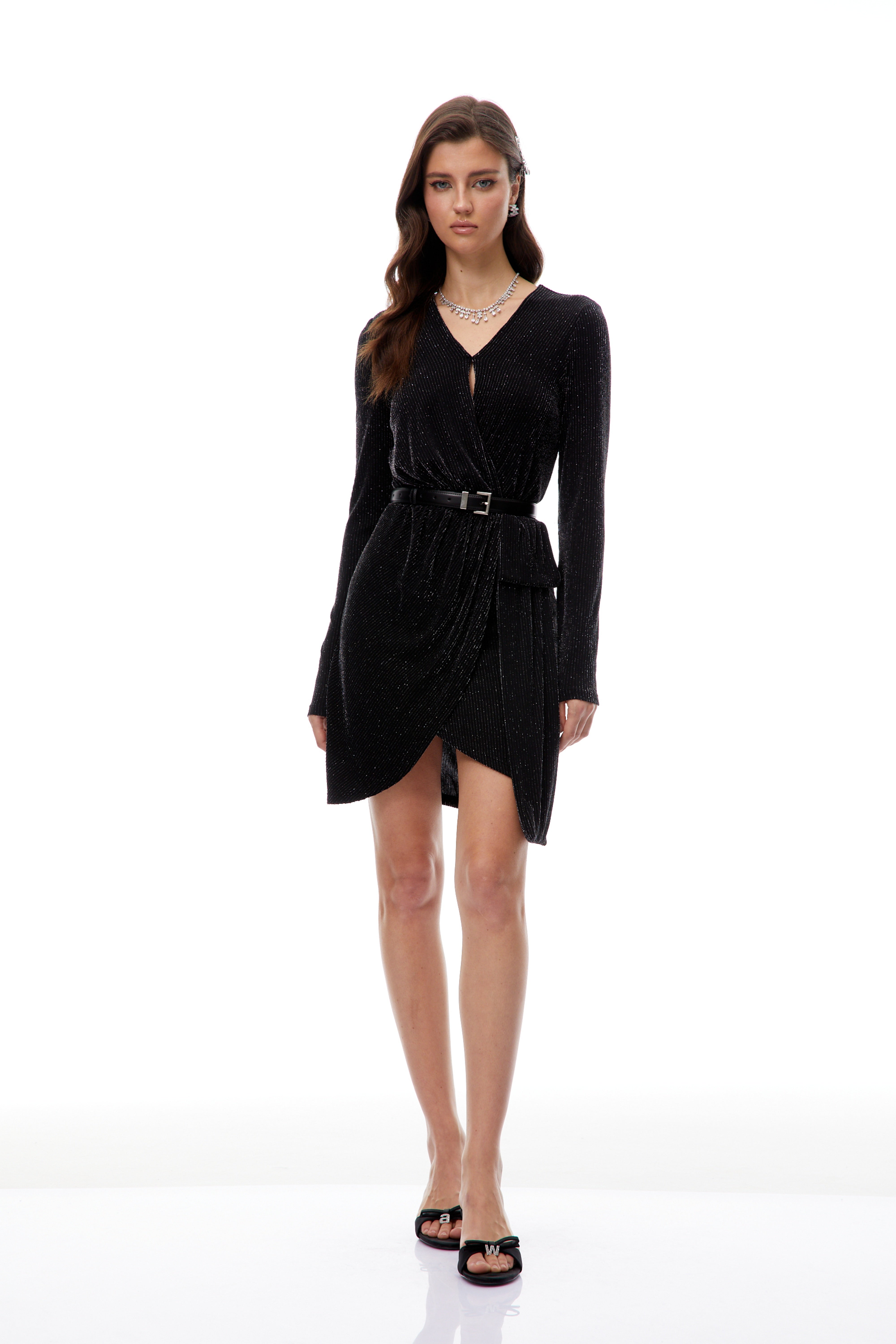 Betsy Black Asymmetrical Gathered Wrap Mini Dress
