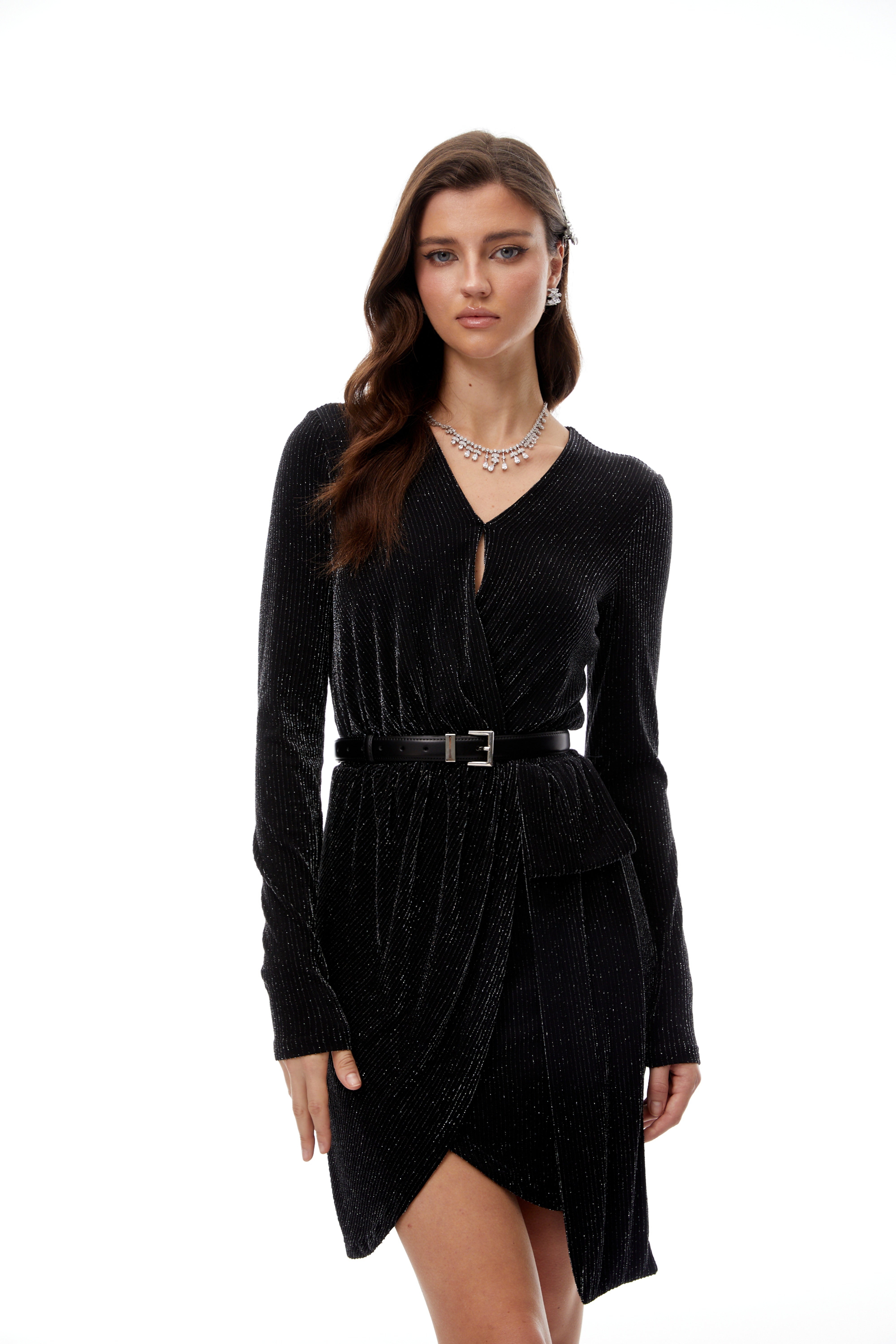 Betsy Black Asymmetrical Gathered Wrap Mini Dress