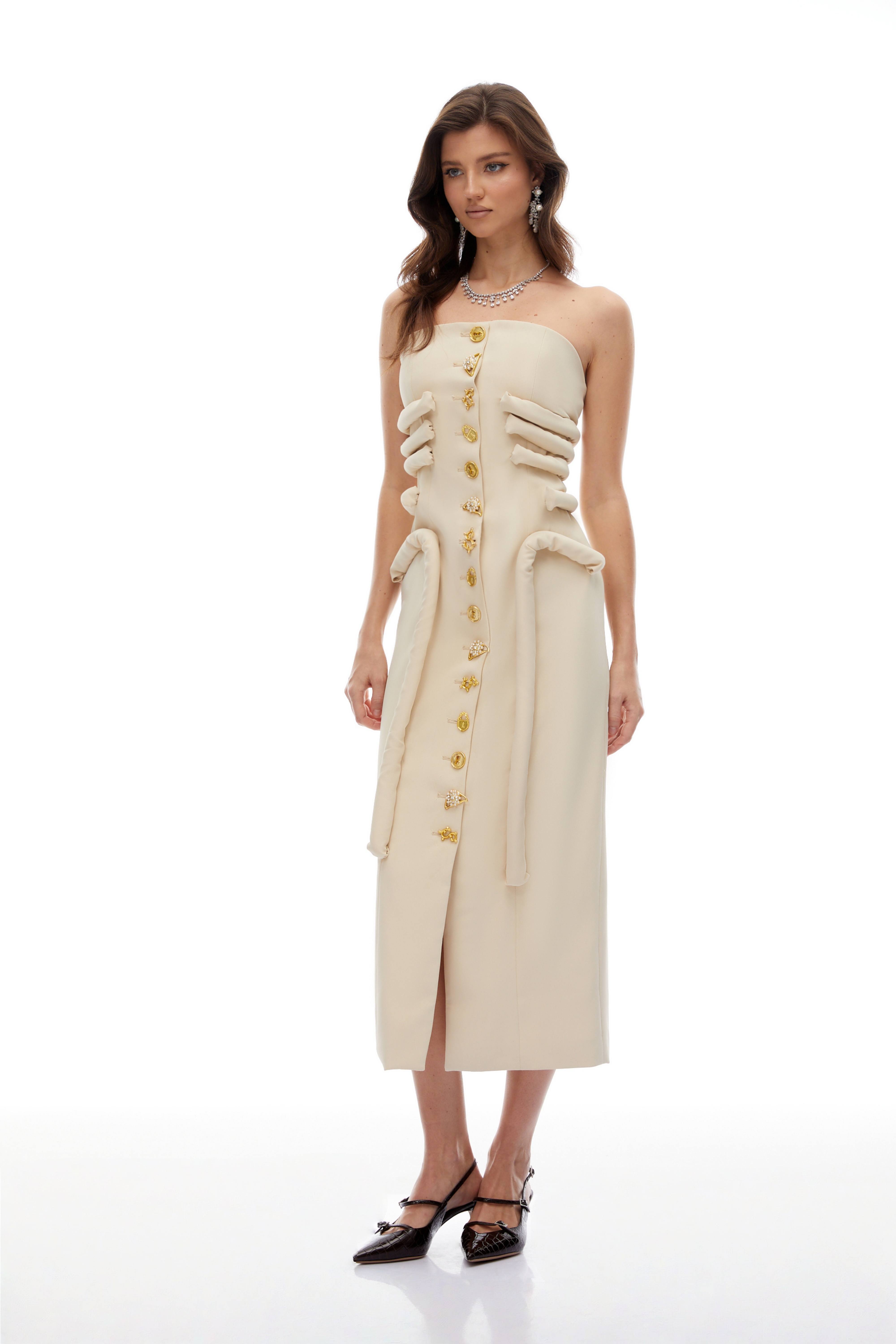 Thera Neutral Strapless Decorative Button Midi Dress