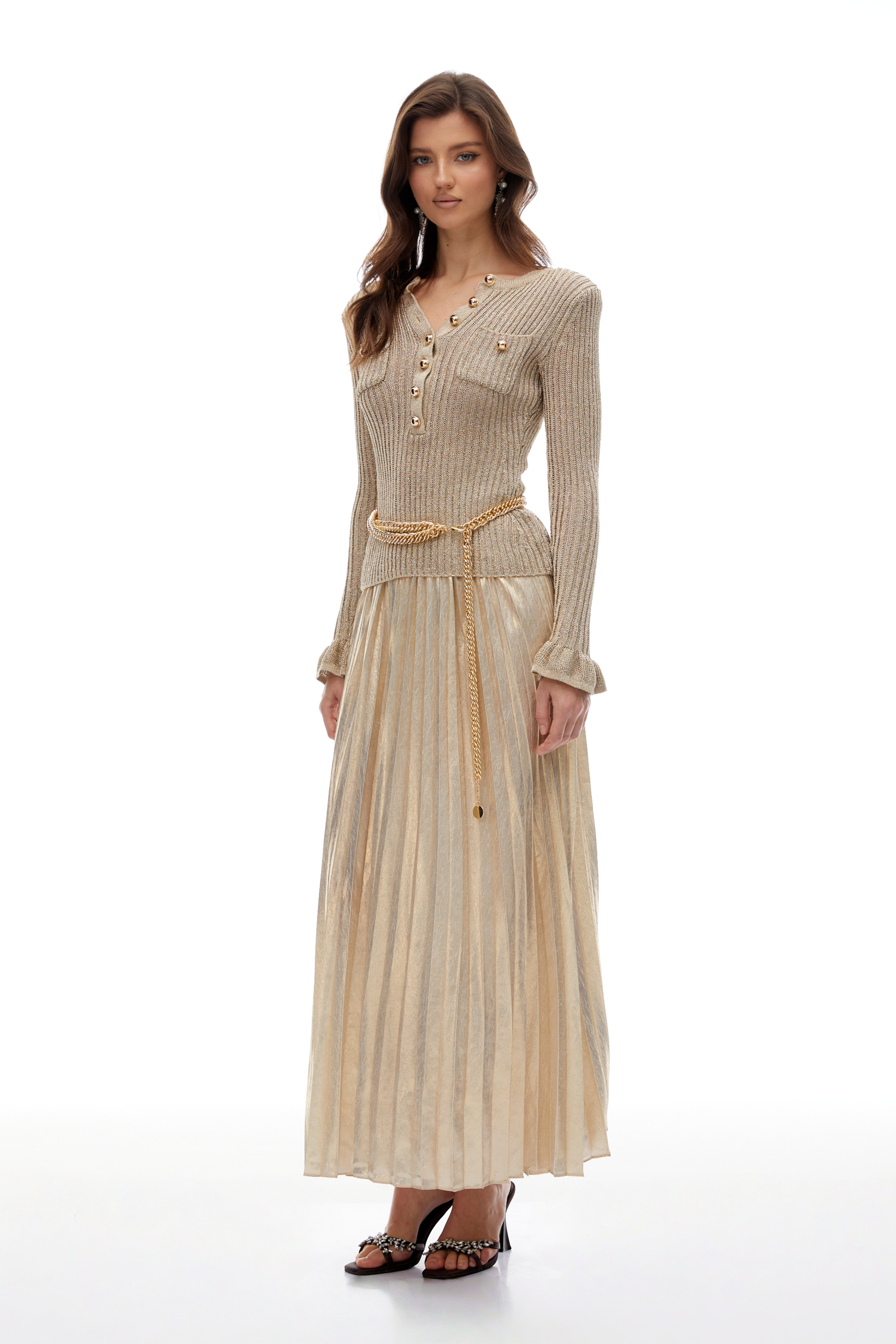 Hermosa Gold Metallic Strick-Plissee-Maxikleid