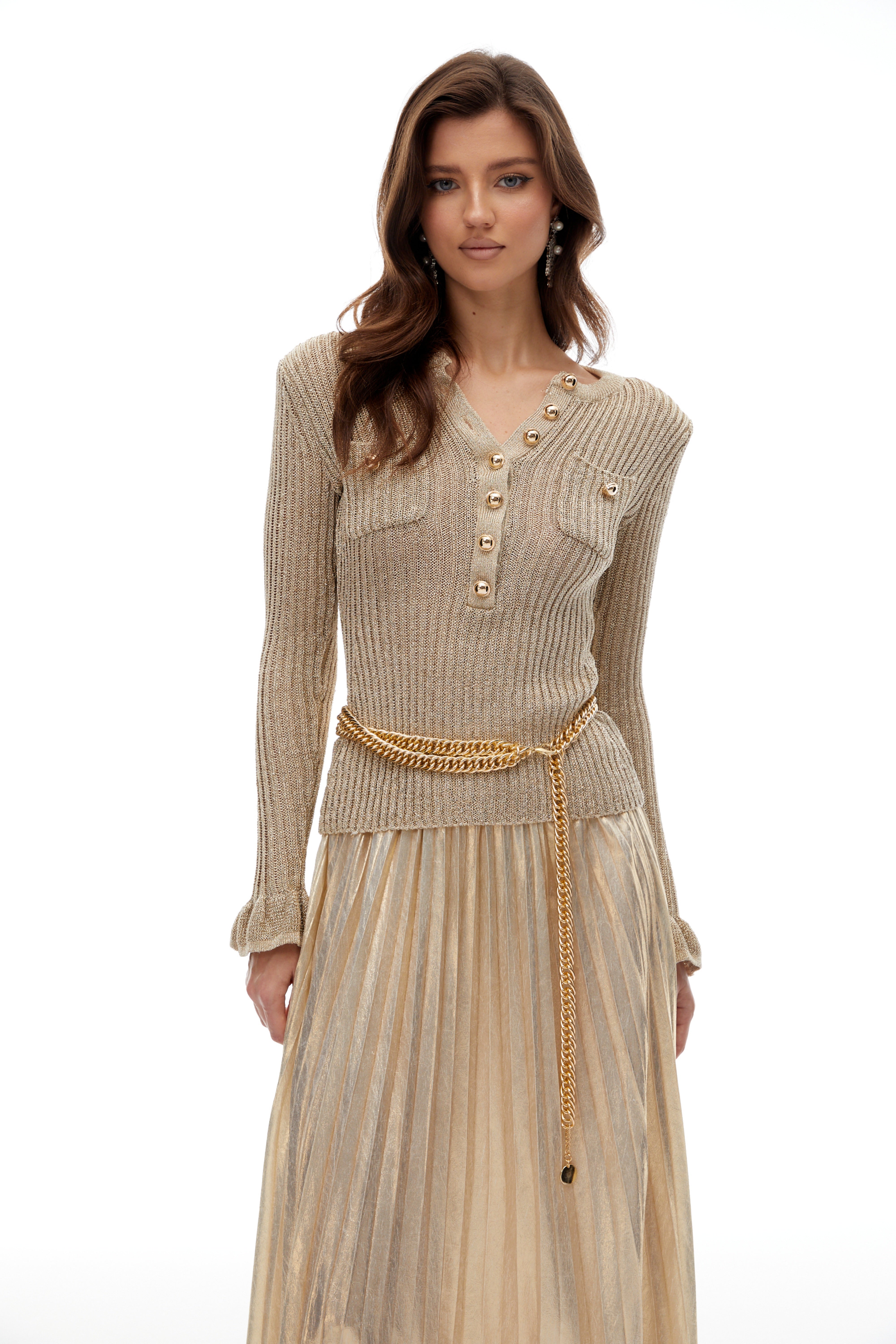 Hermosa Gold Metallic Strick-Plissee-Maxikleid