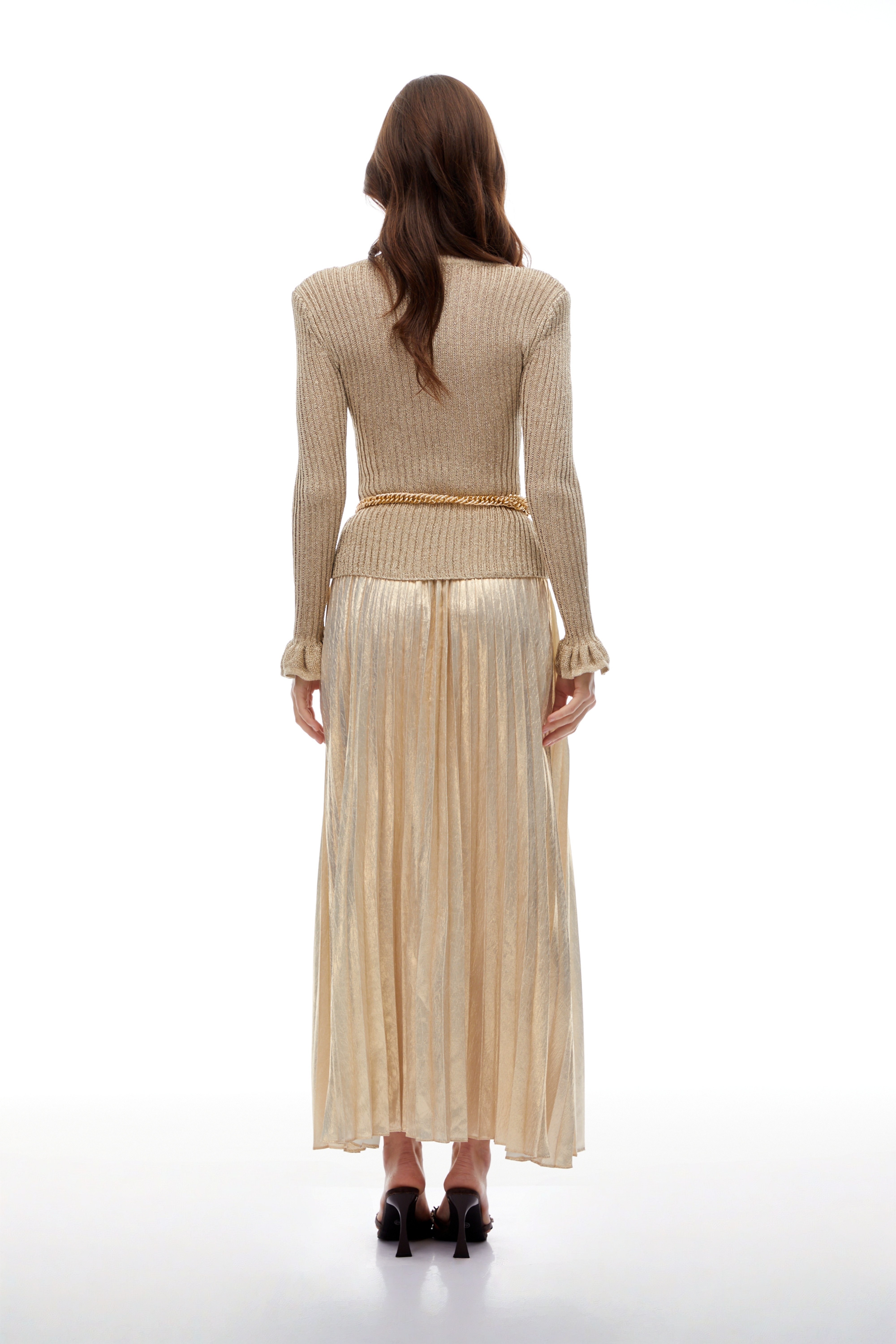 Hermosa Gold Metallic Strick-Plissee-Maxikleid