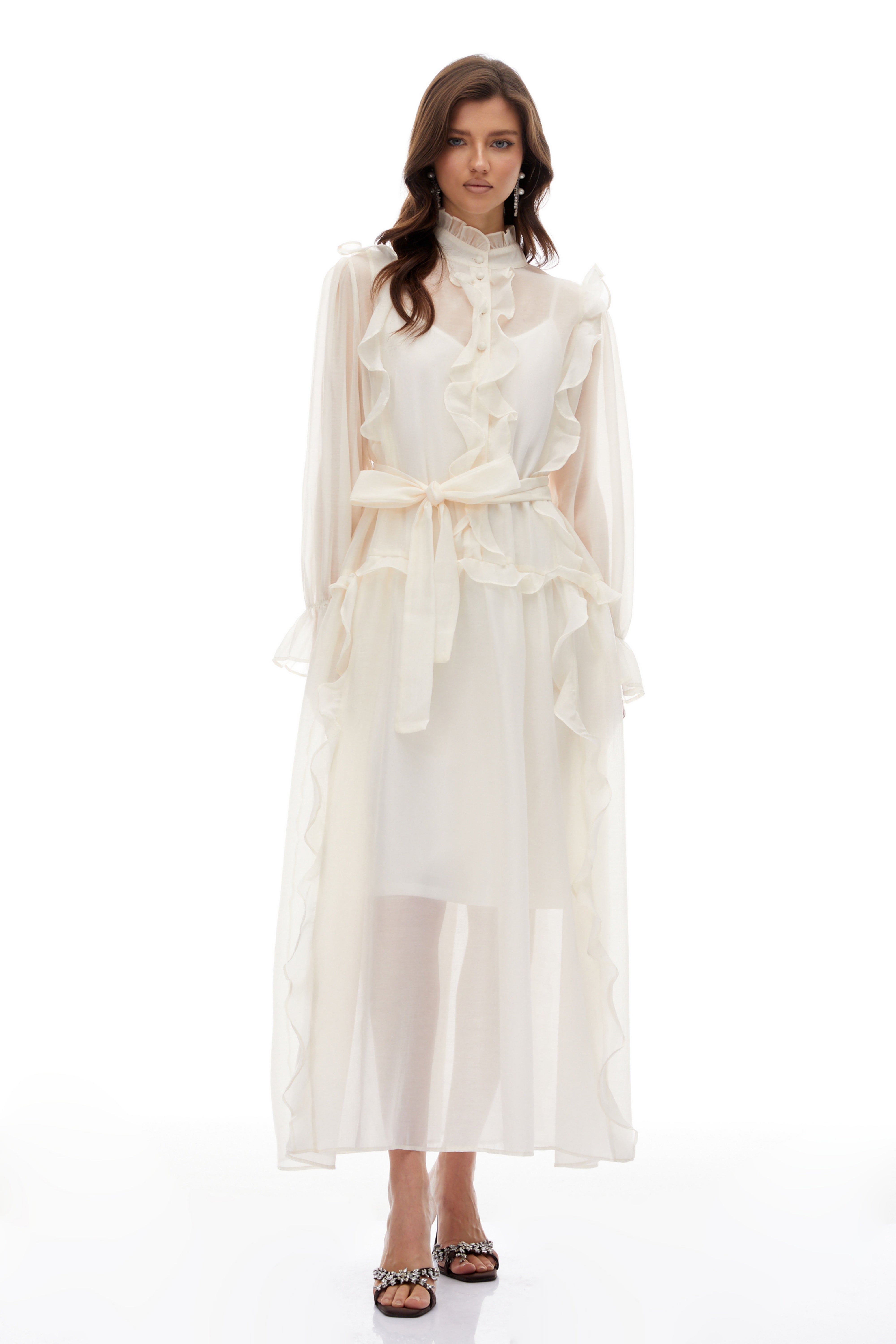 فستان كوينسي متوسط الطول بتصميم محايد مع حواف مكشكشة