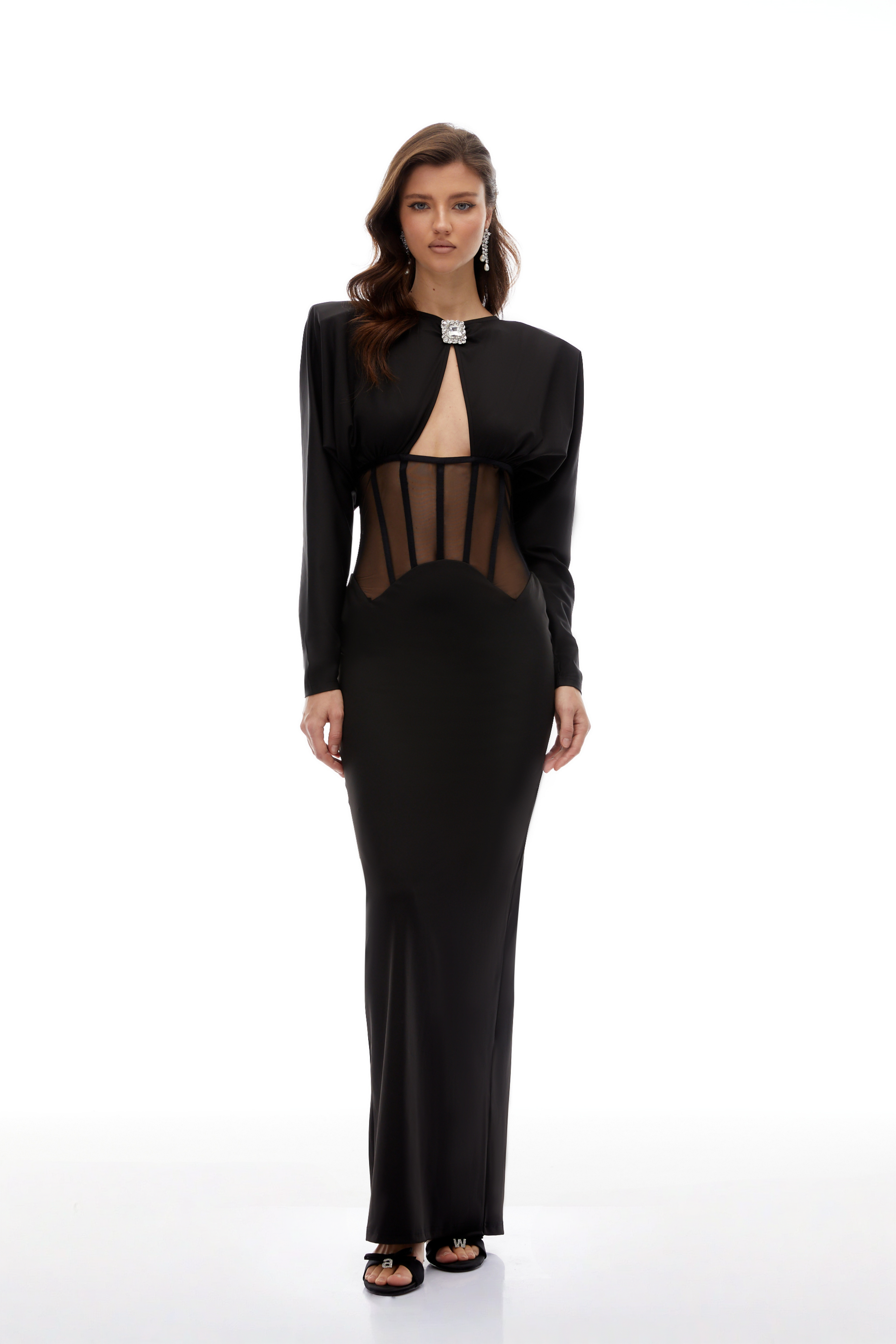 فستان ليندسي ماكسي أسود بفتحة صدر ولوحة مشد