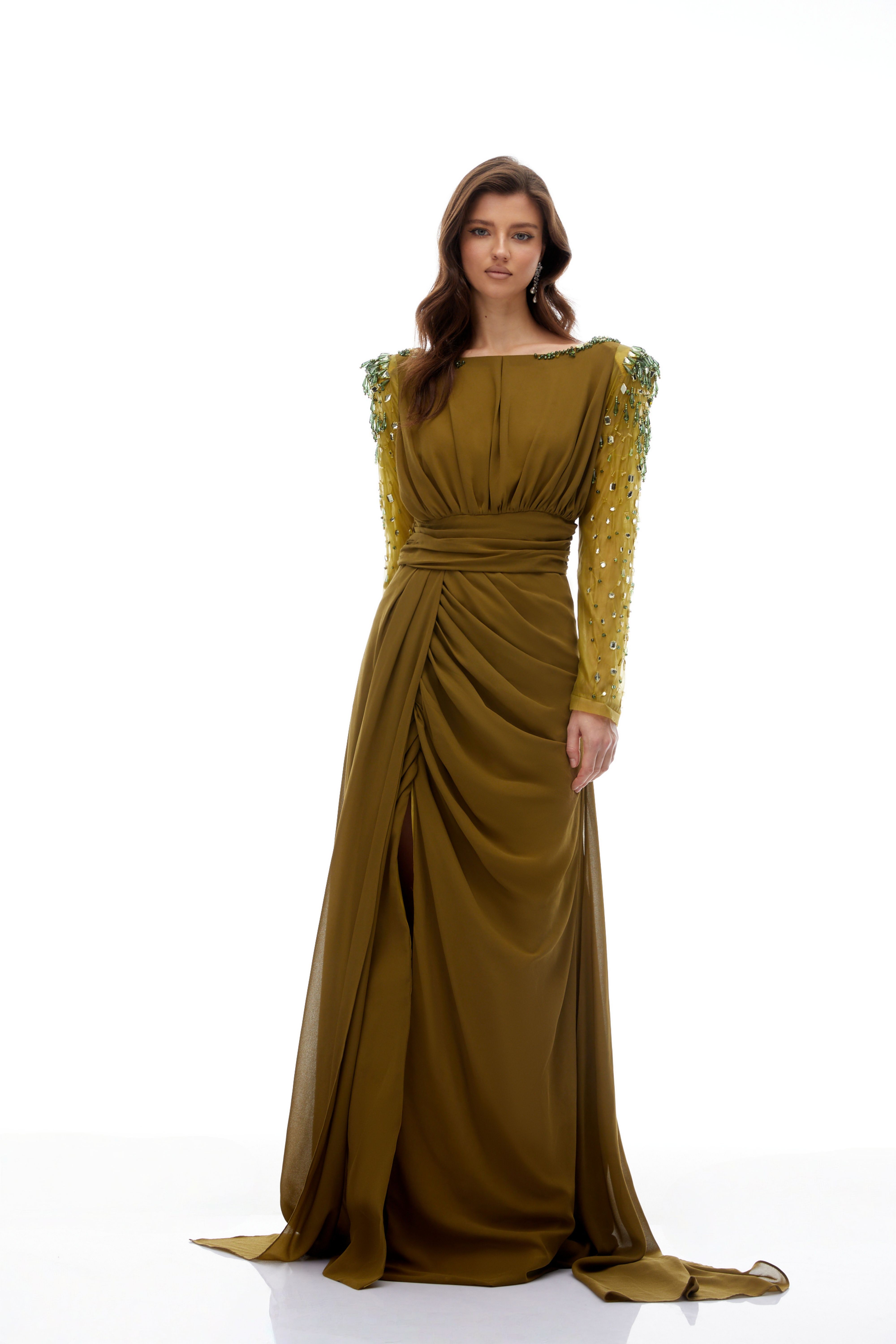 Lesley Green Embellished Draped Chiffon Maxi Gown