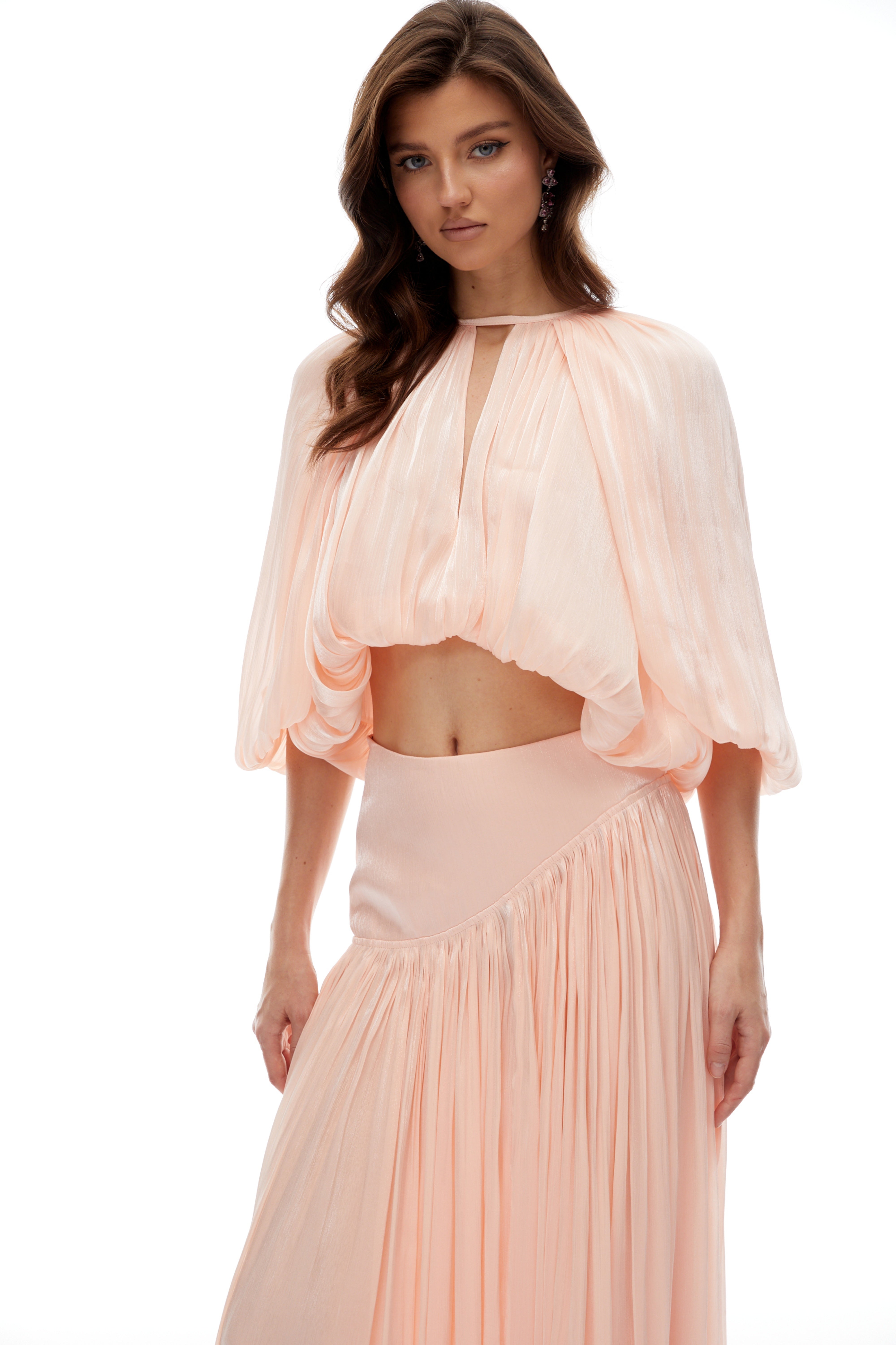 Mélodie Pink Pleated Glossy Top & Skirt Set