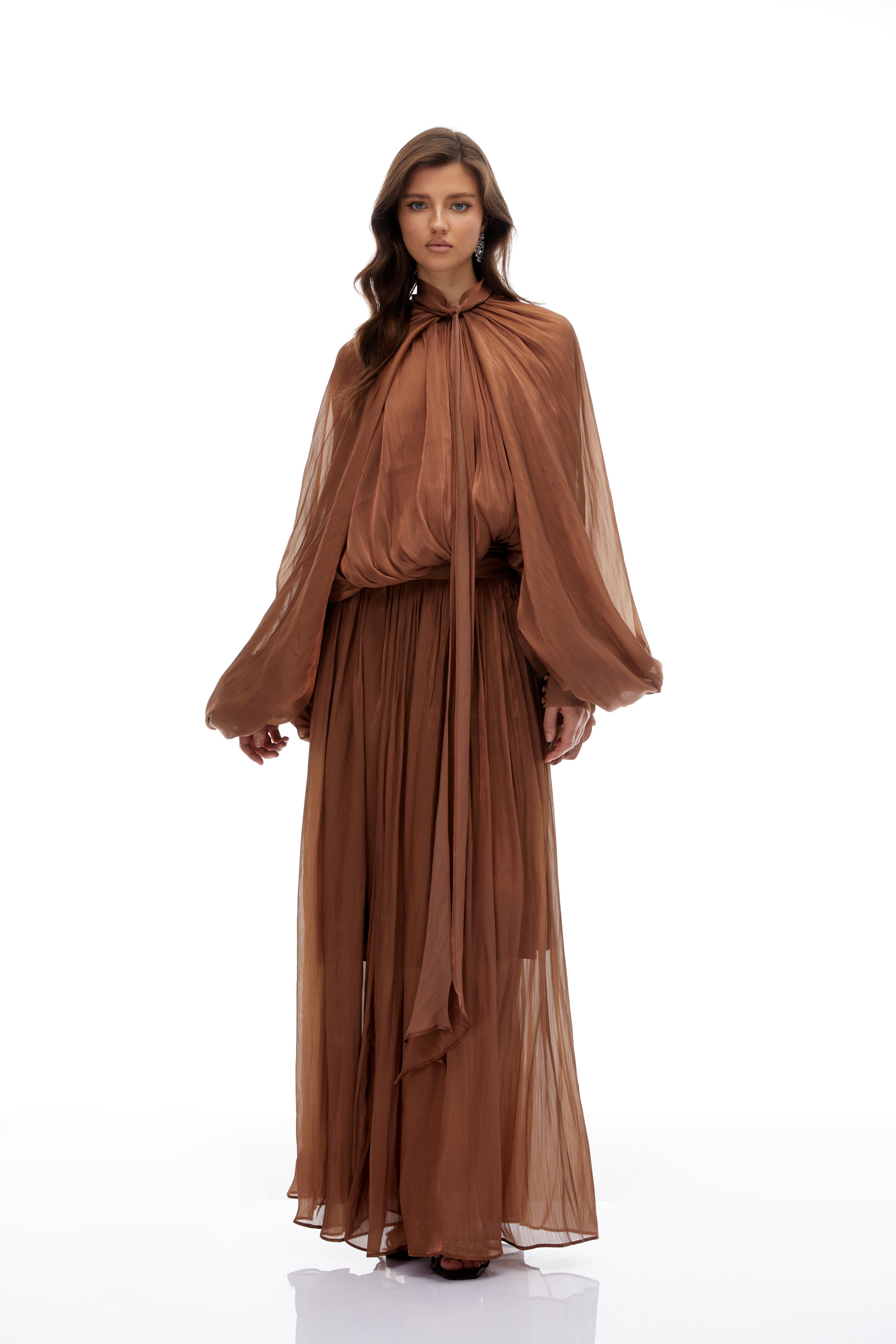 Mila Brown Pleated Satin Maxi Dress