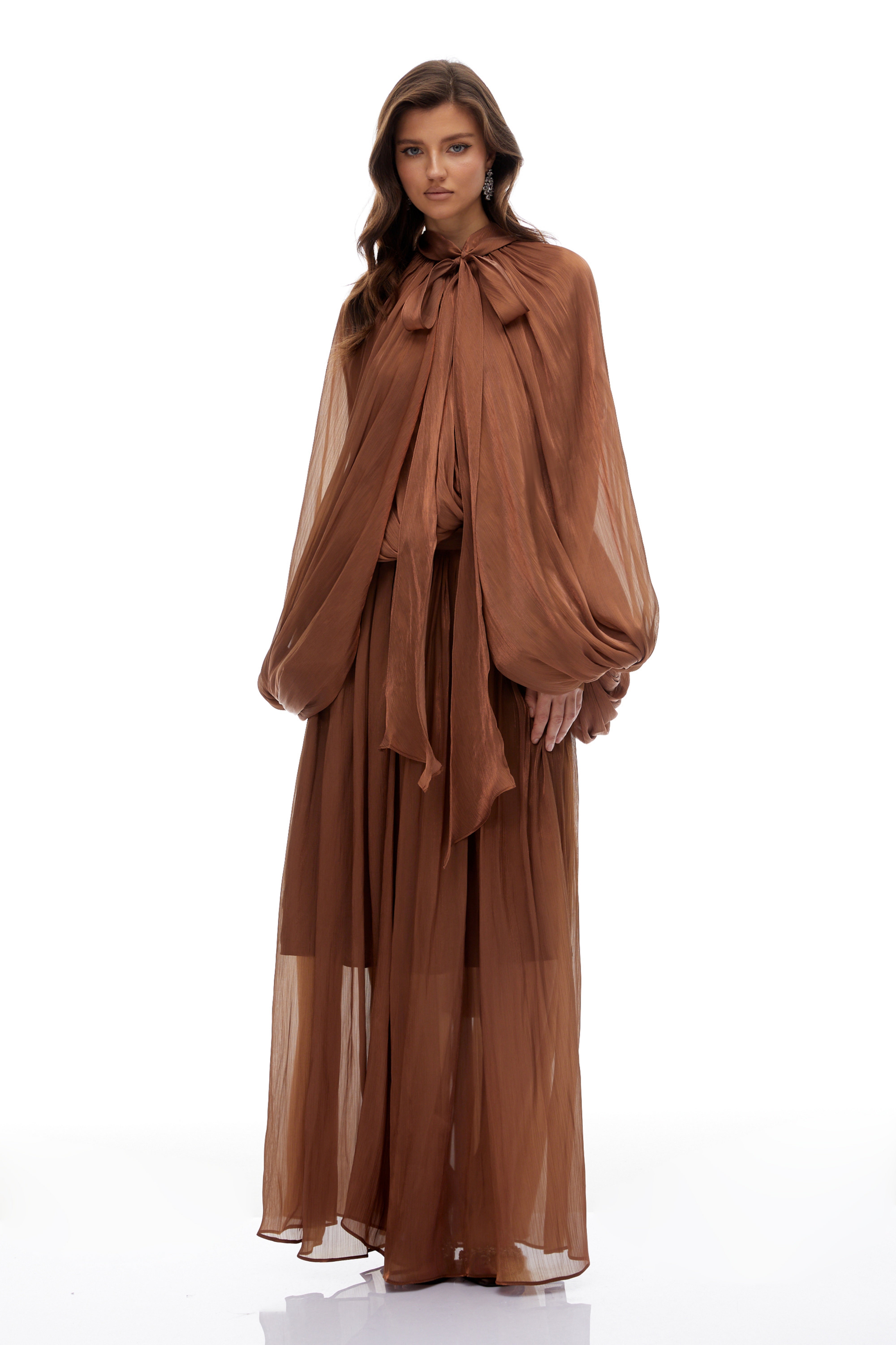 Mila Brown Pleated Satin Maxi Dress