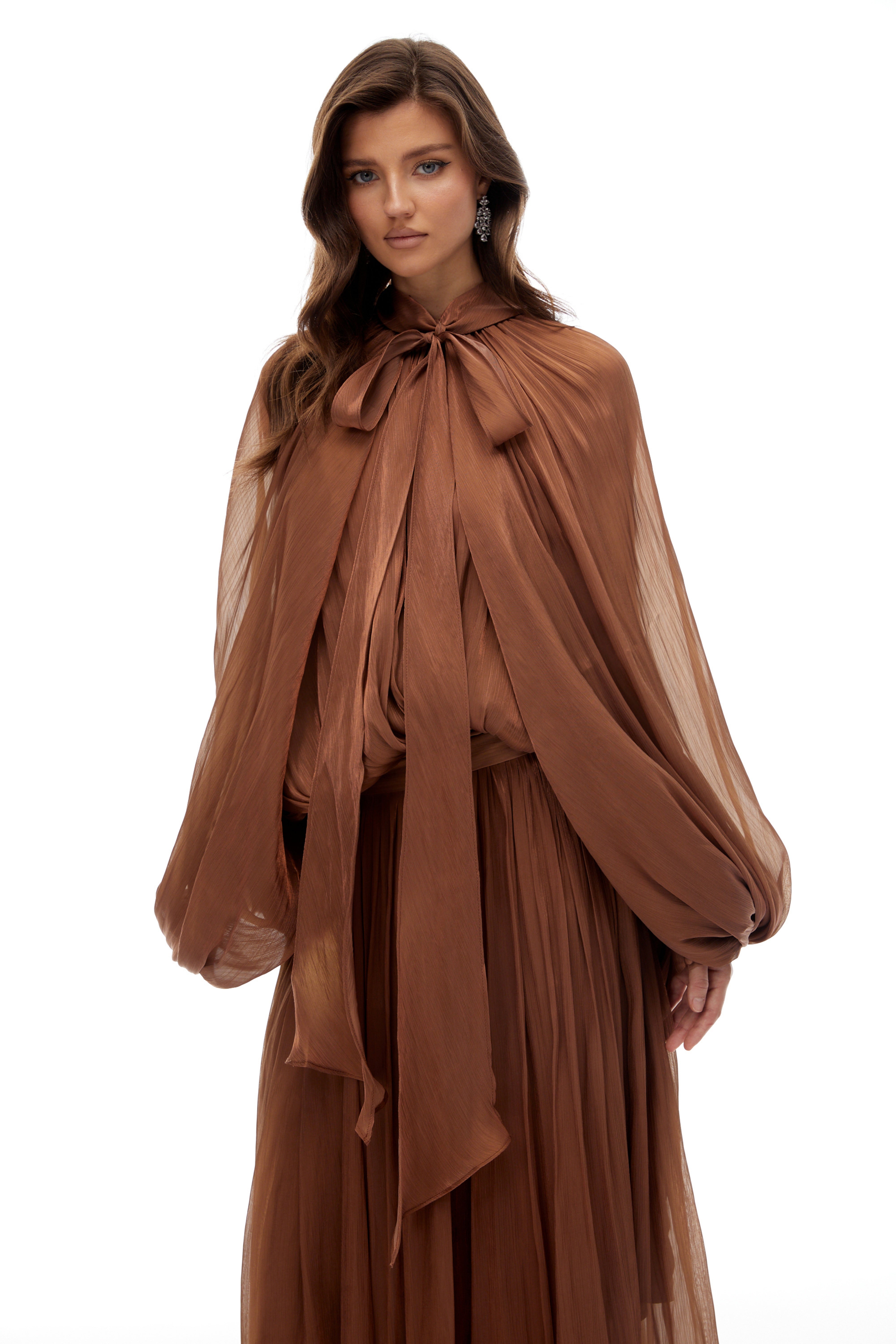 Mila Brown Pleated Satin Maxi Dress