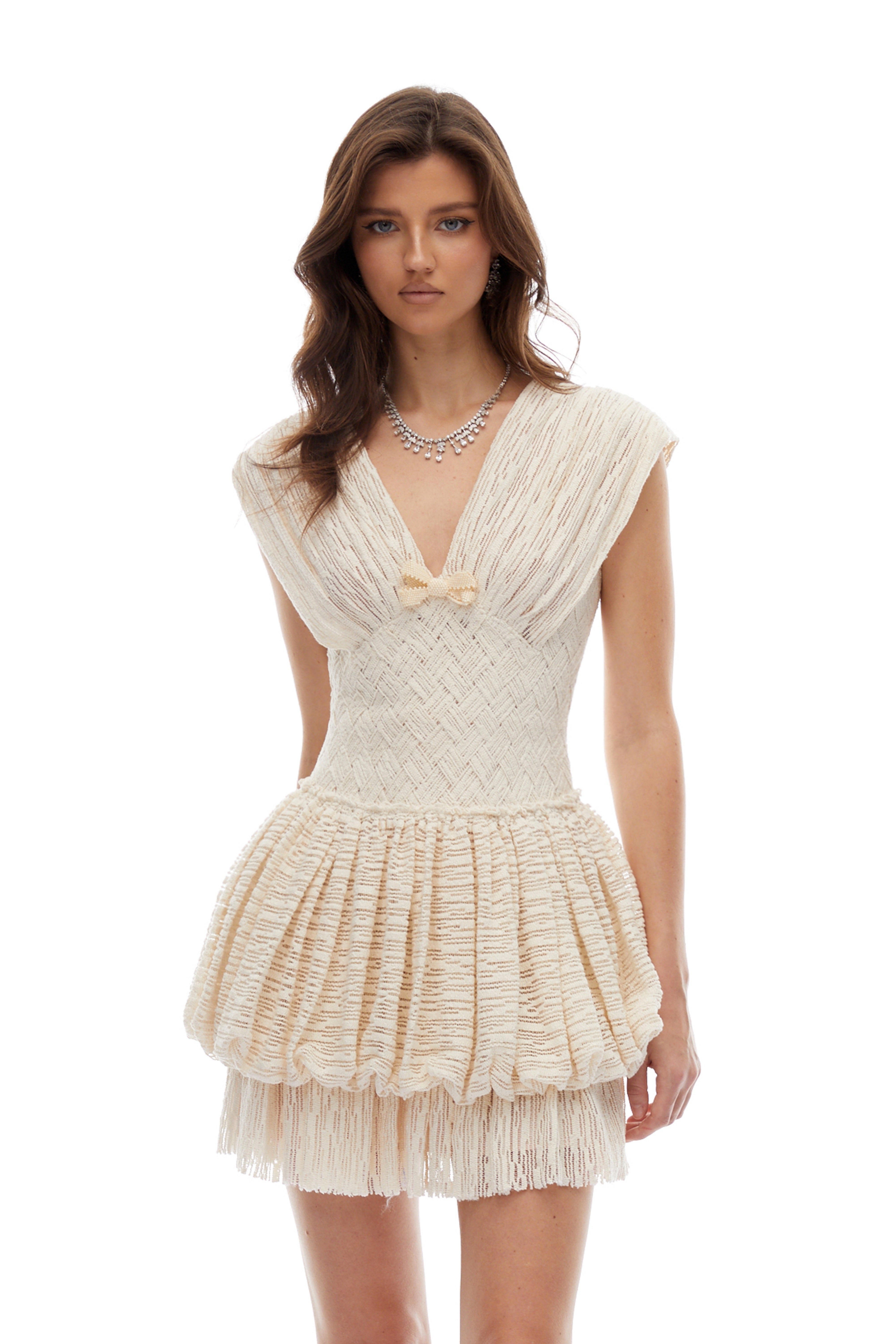 Mavis Neutrals Bowknot Braided Textured Mini Dress