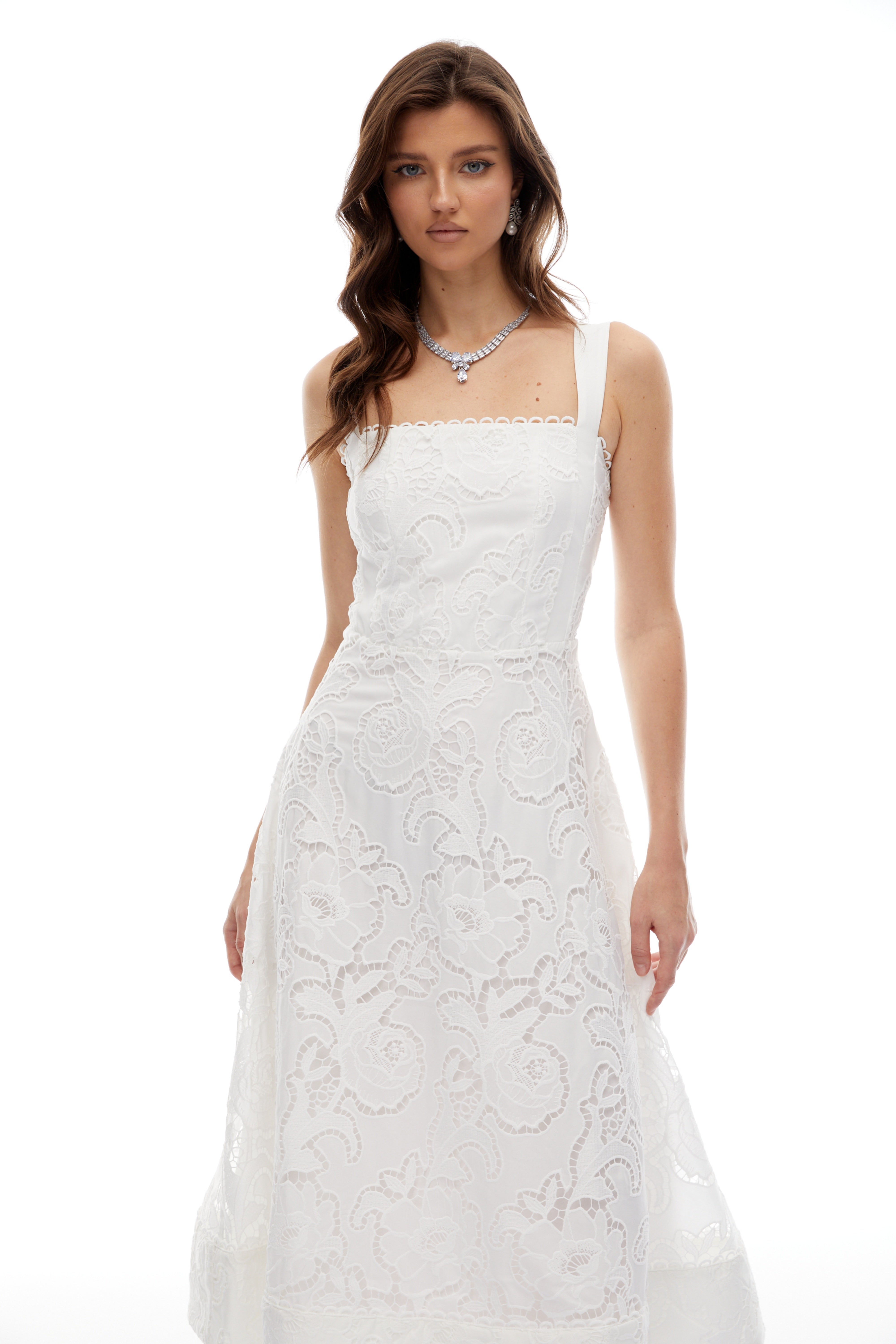 Genevieve White Floral Embroidered Lace Midi Dress
