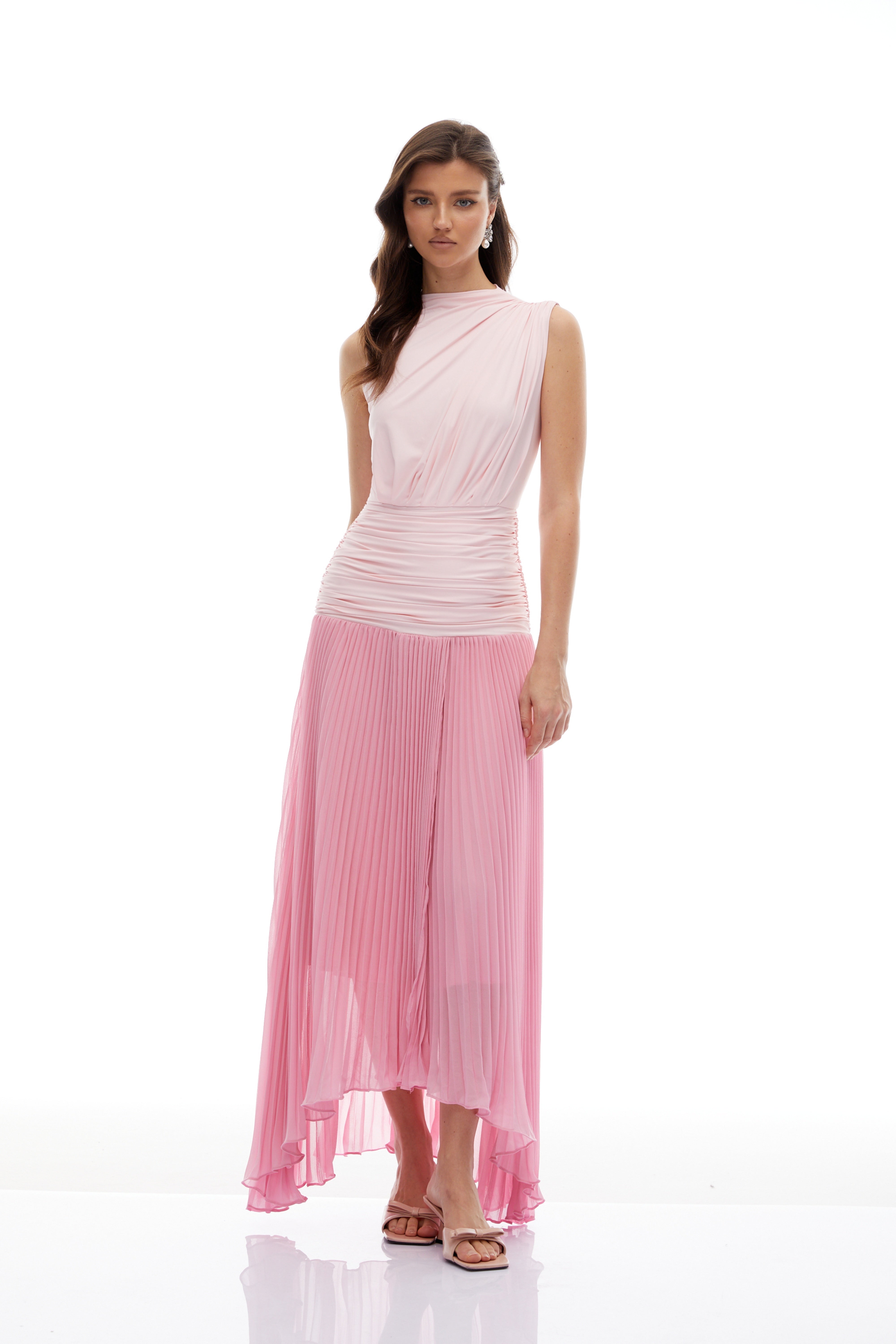 Magnus Pink Gradient Ruched Pleated Maxi Dress