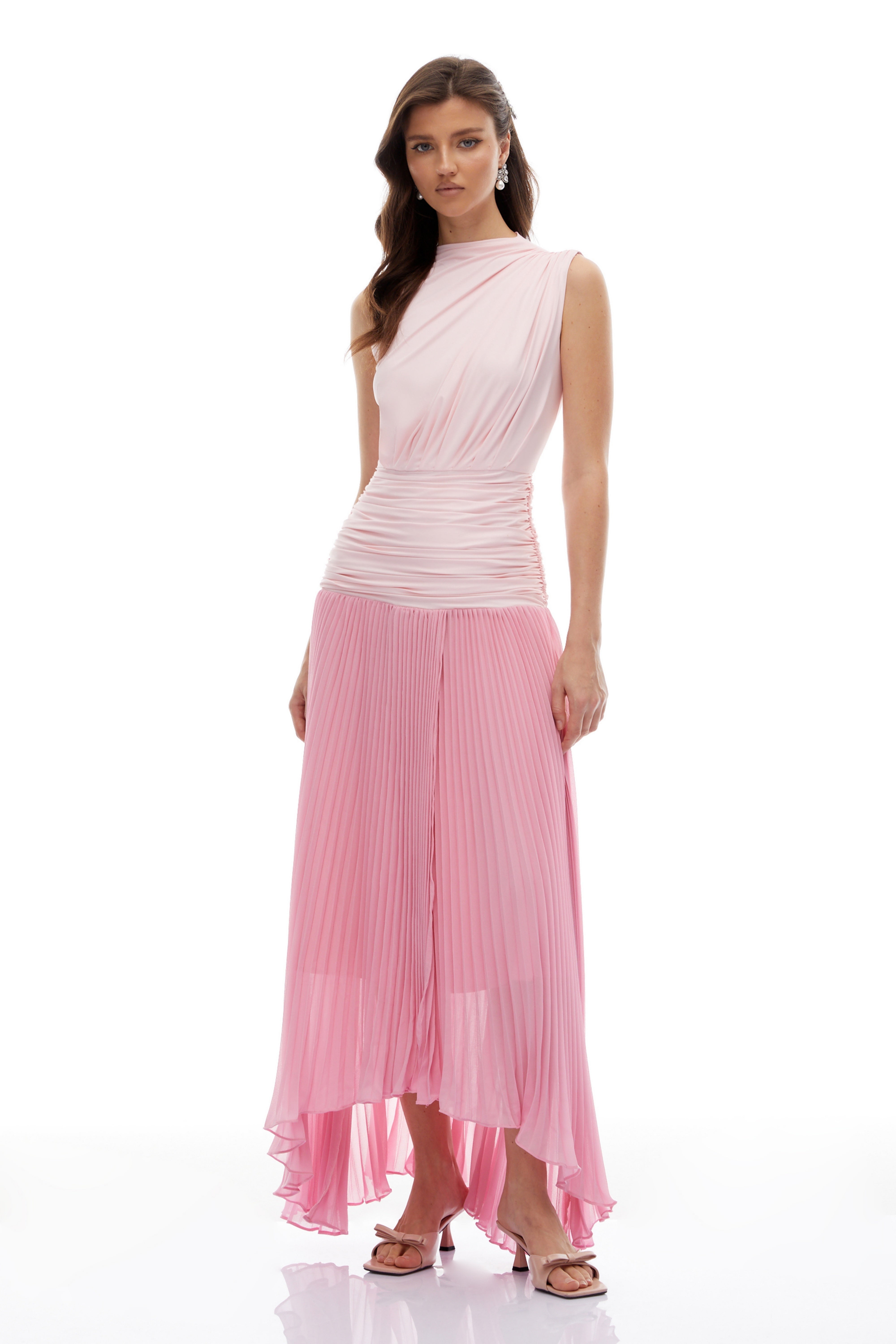 Magnus Pink Gradient Ruched Pleated Maxi Dress