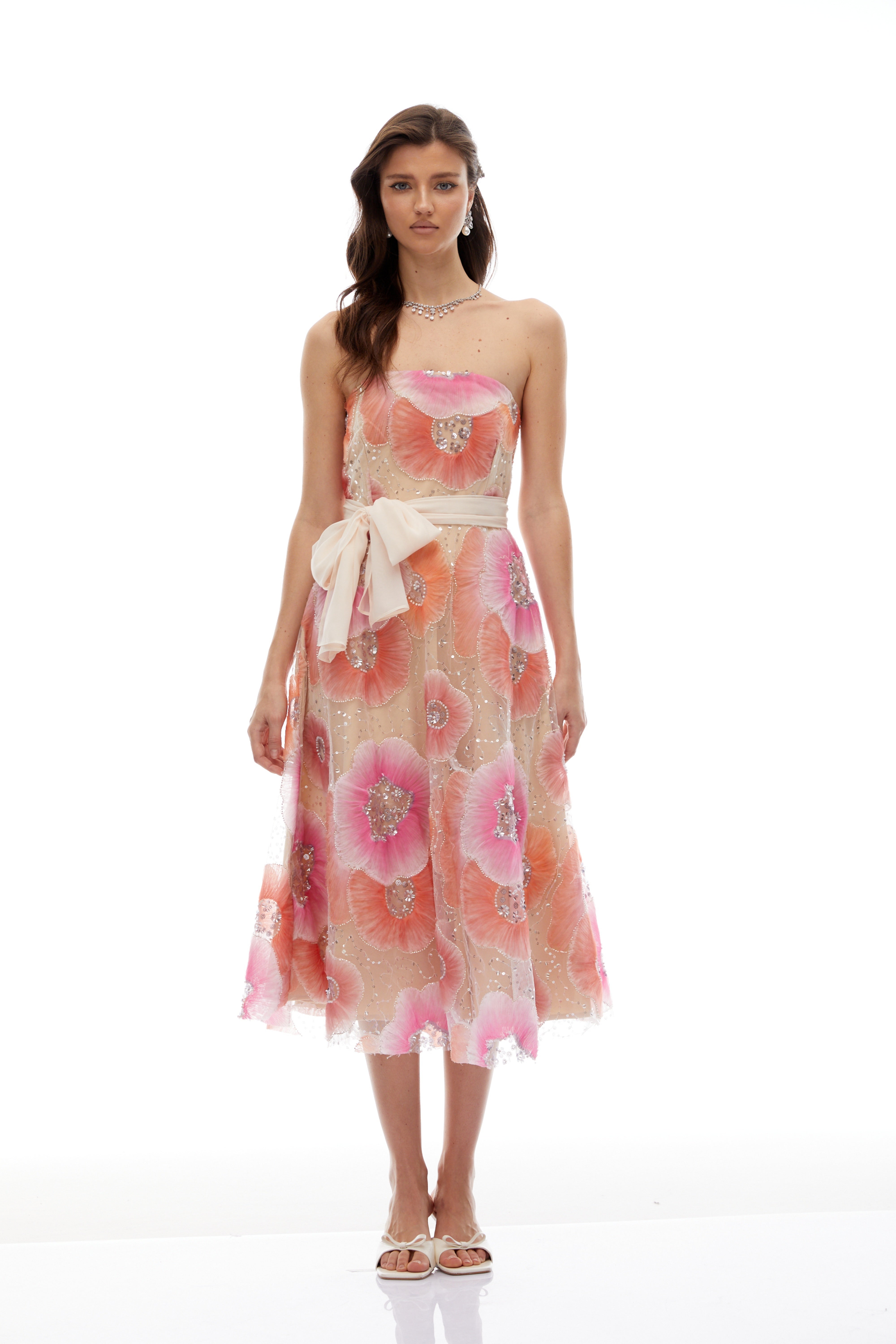 Evangeline Orange Floral Print Embellished Midi Dress