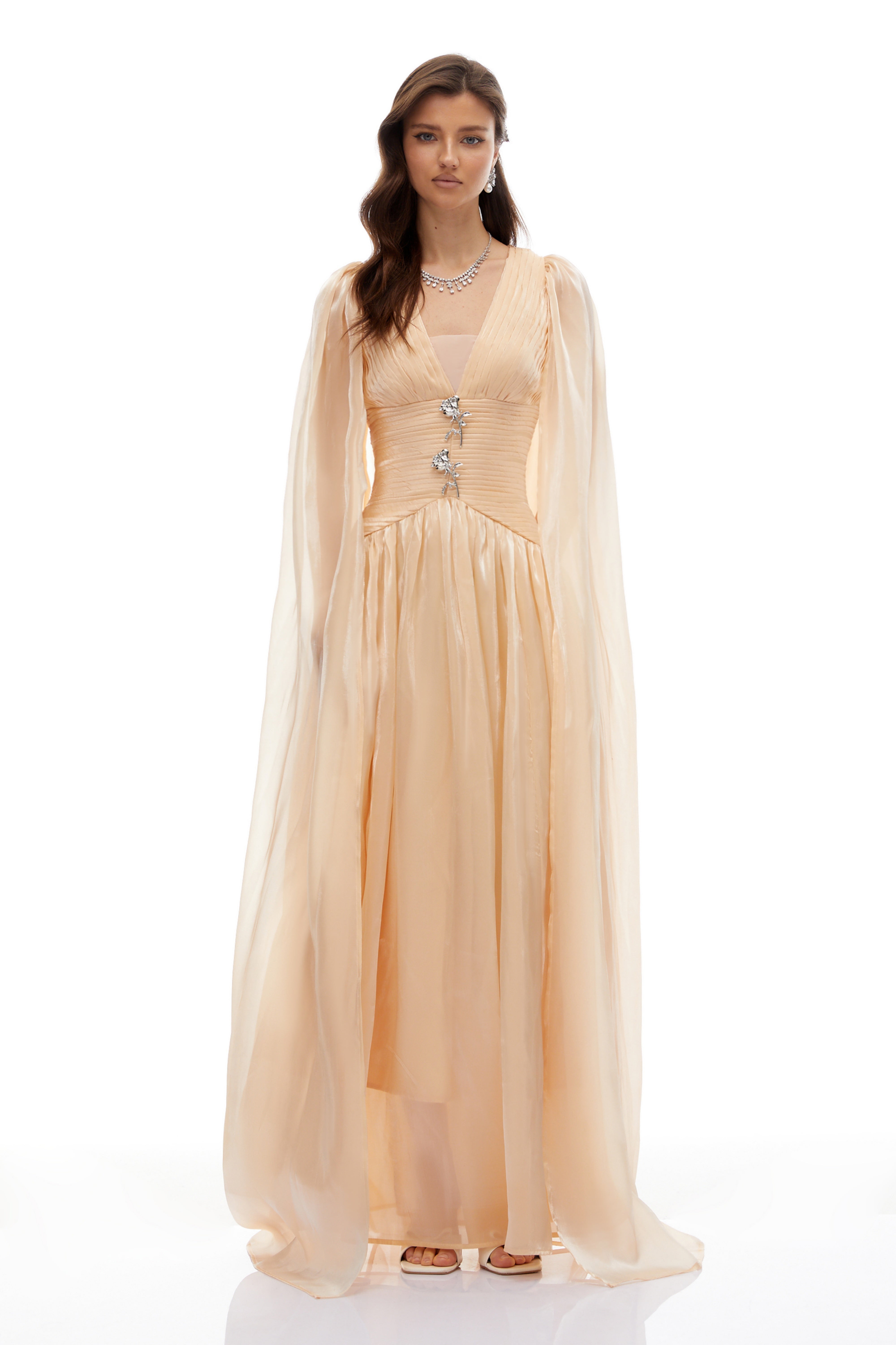 Natividad Champagne Cape Design Maxi Dress