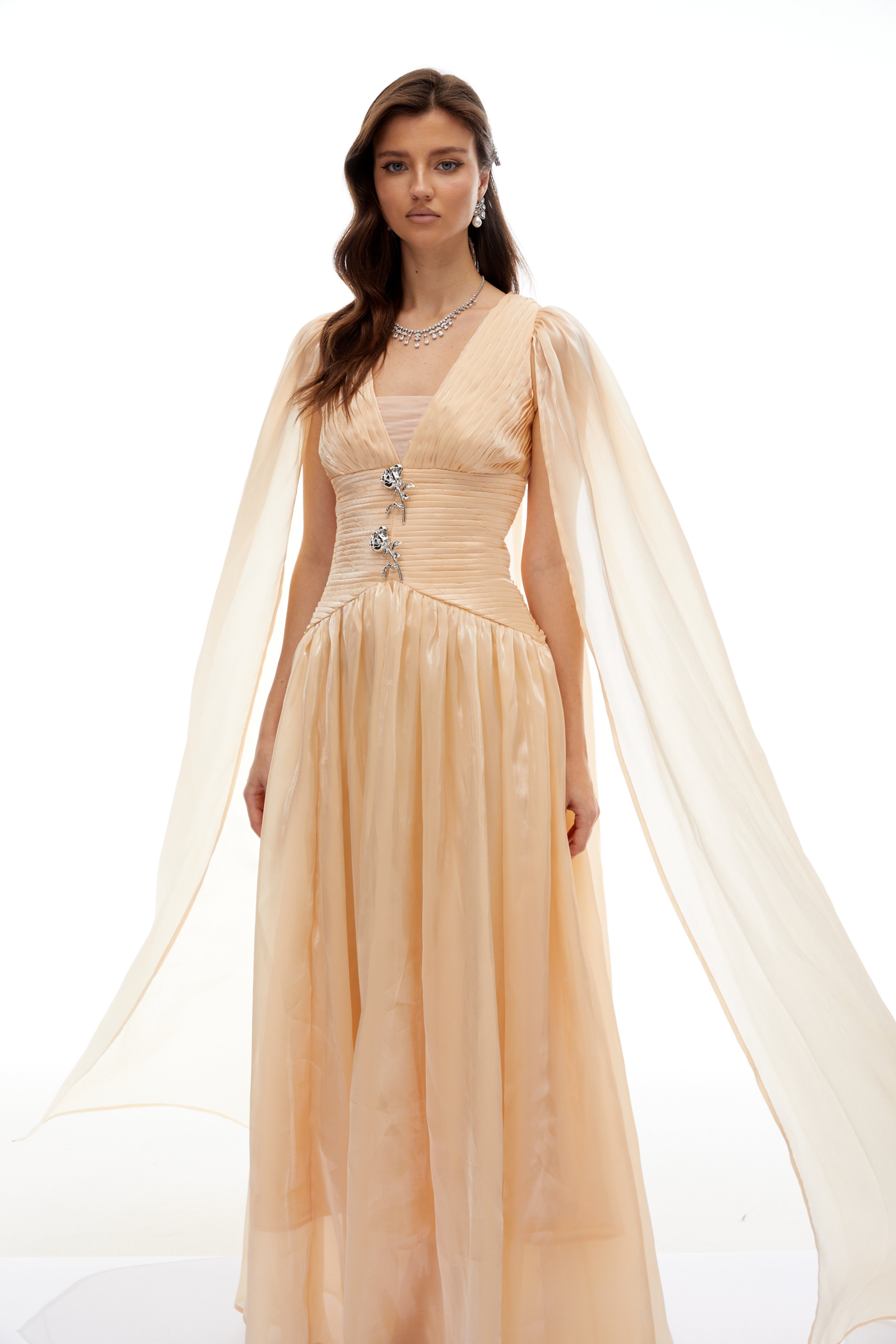Natividad Champagne Cape Design Maxi Dress